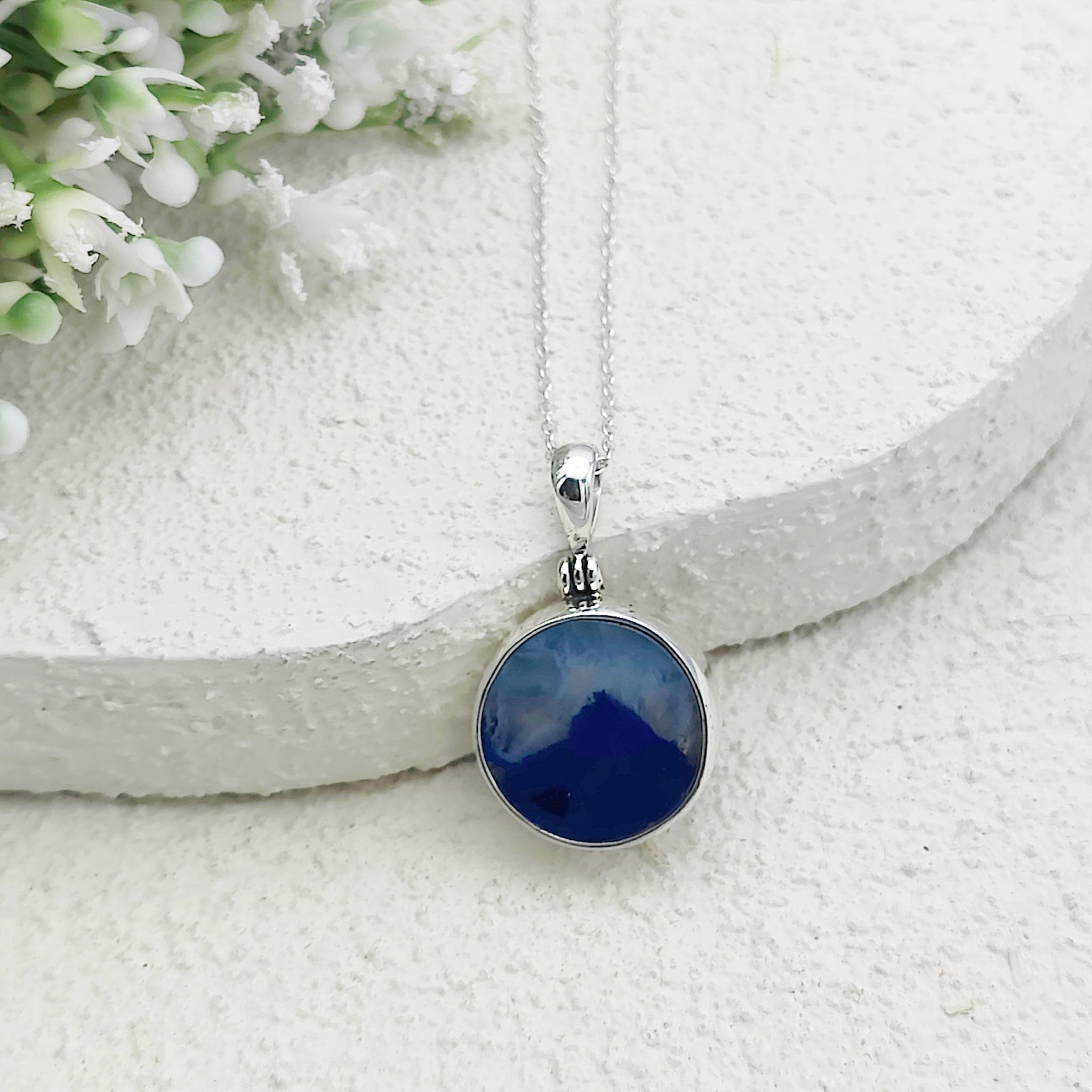 Hepburn and Hughes Blue Agate Pendant | 20mm circular | May Gift | Sterling Silver