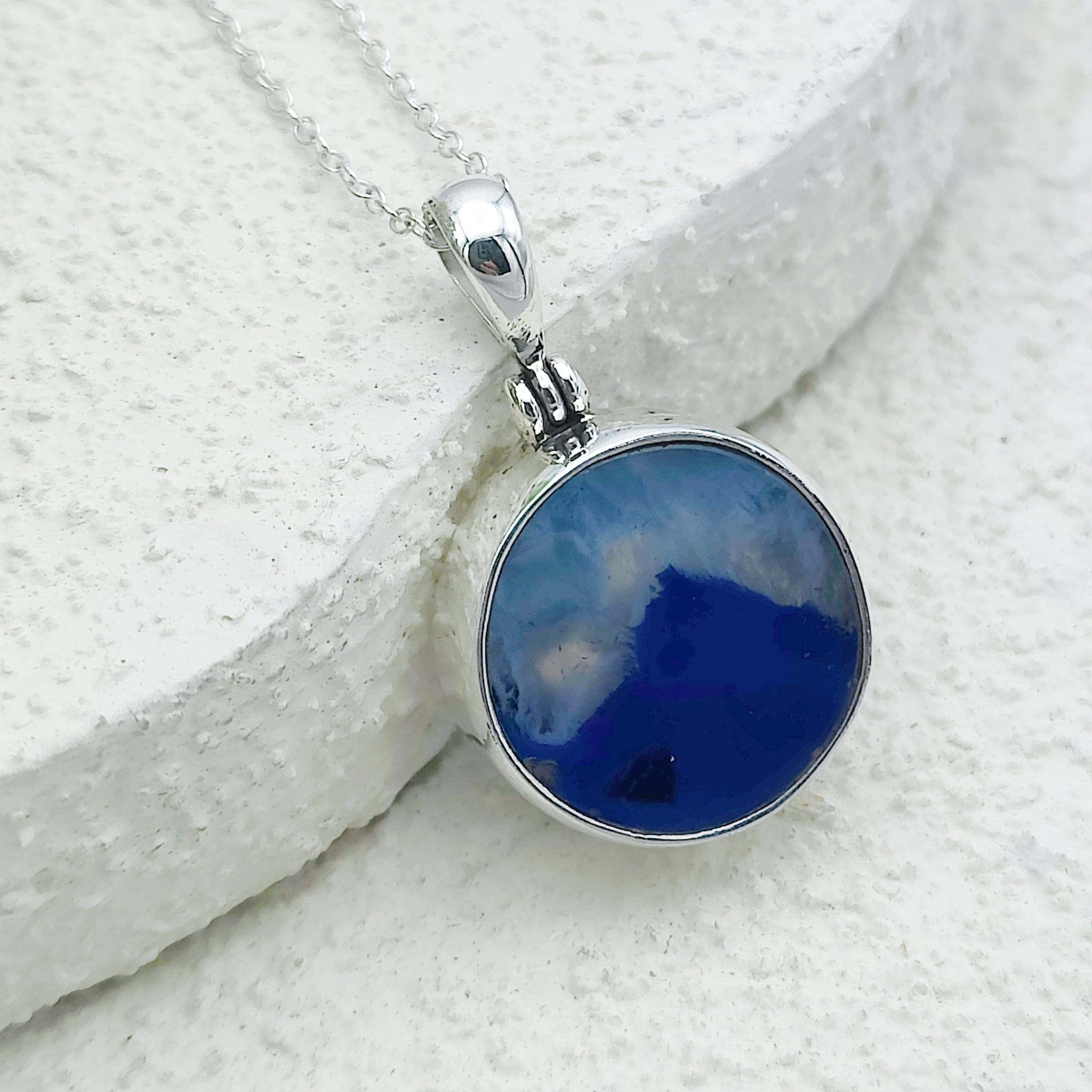 Hepburn and Hughes Blue Agate Pendant | 20mm circular | May Gift | Sterling Silver
