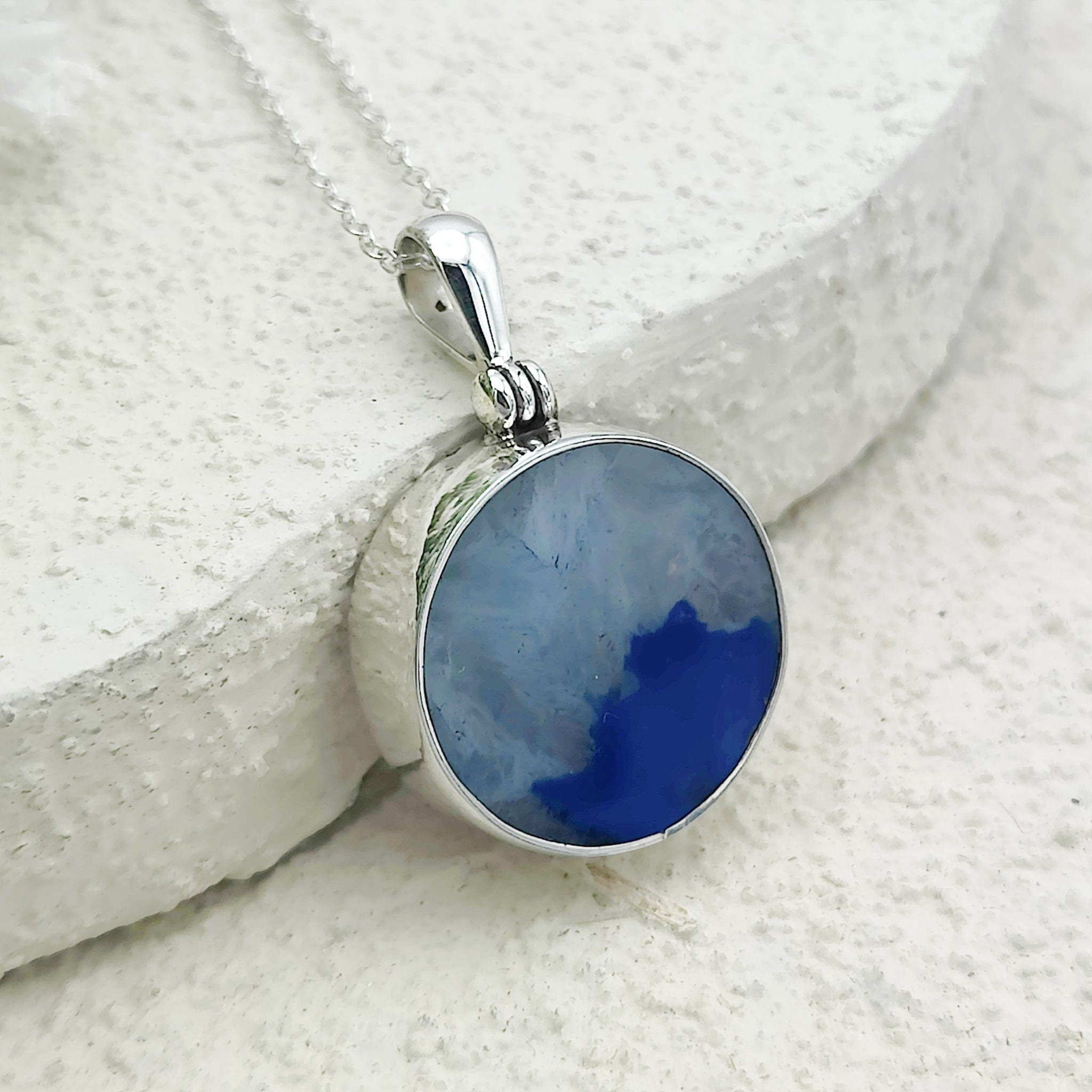 Hepburn and Hughes Blue Agate Pendant | 20mm circular | May Gift | Sterling Silver