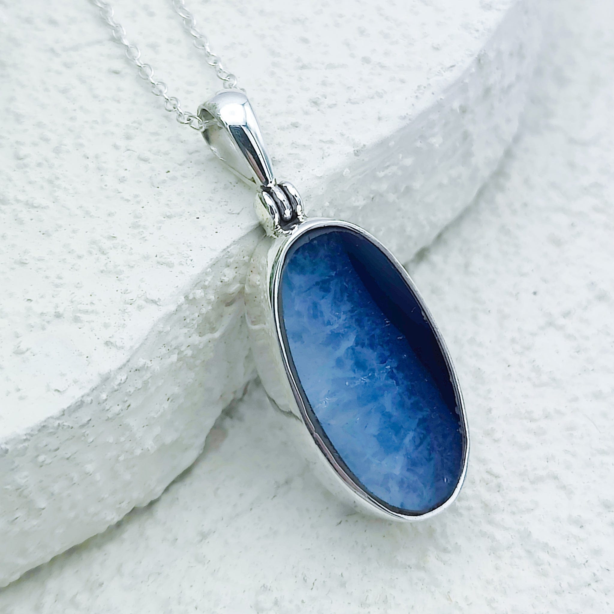 Hepburn and Hughes Blue Agate Pendant | 25mm Oval Gemstone | Sterling Silver