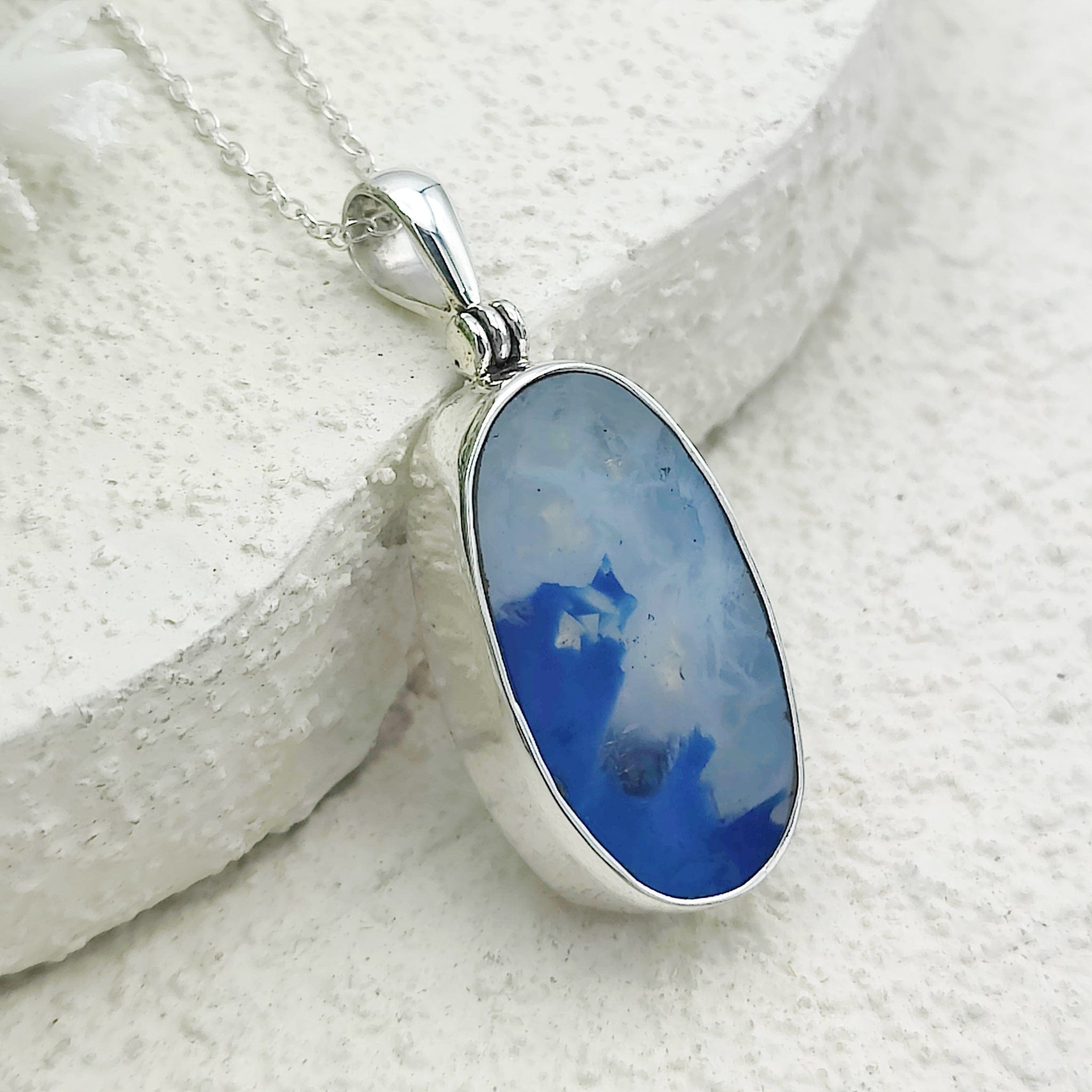 Hepburn and Hughes Blue Agate Pendant | 25mm Oval Gemstone | Sterling Silver