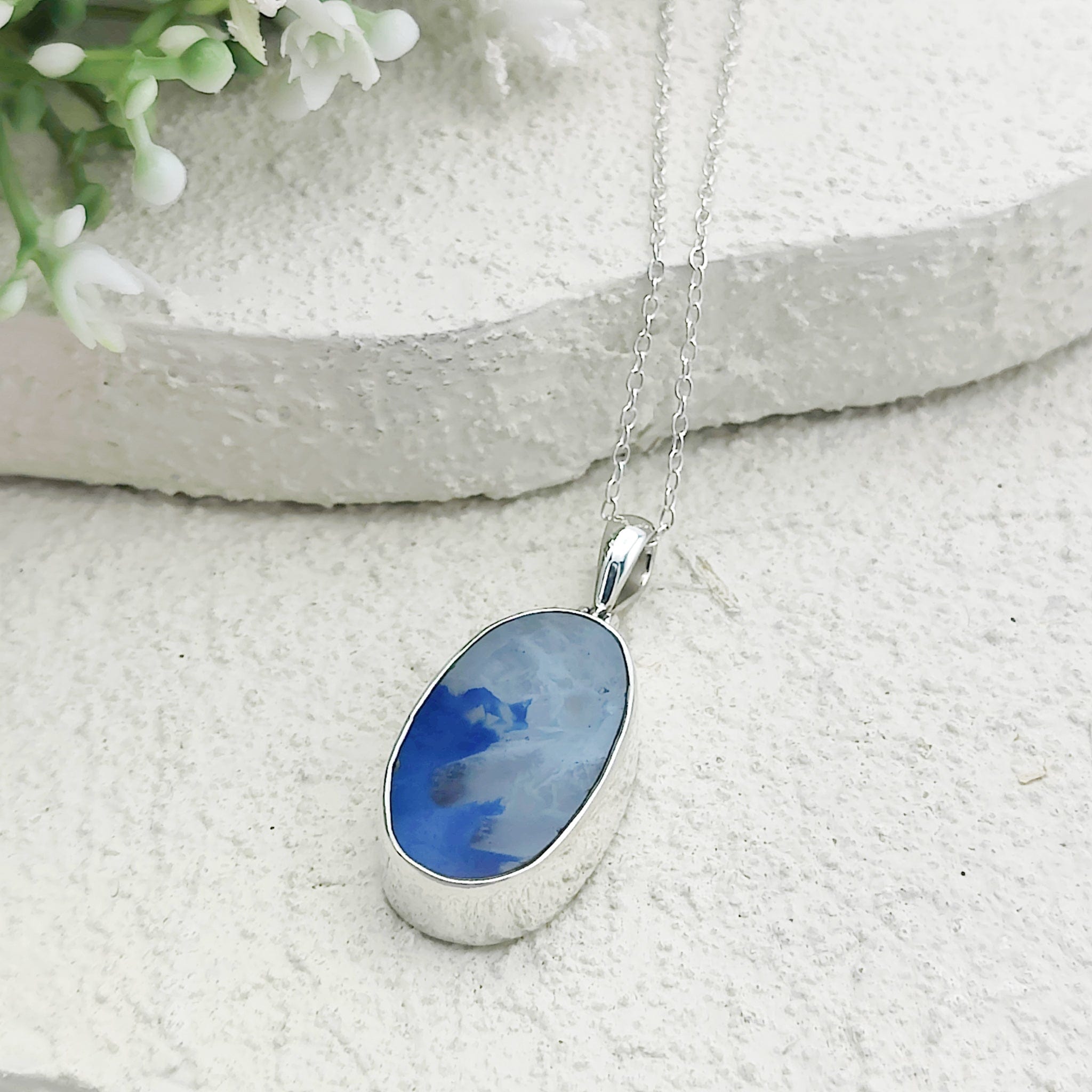 Hepburn and Hughes Blue Agate Pendant | 25mm Oval Gemstone | Sterling Silver