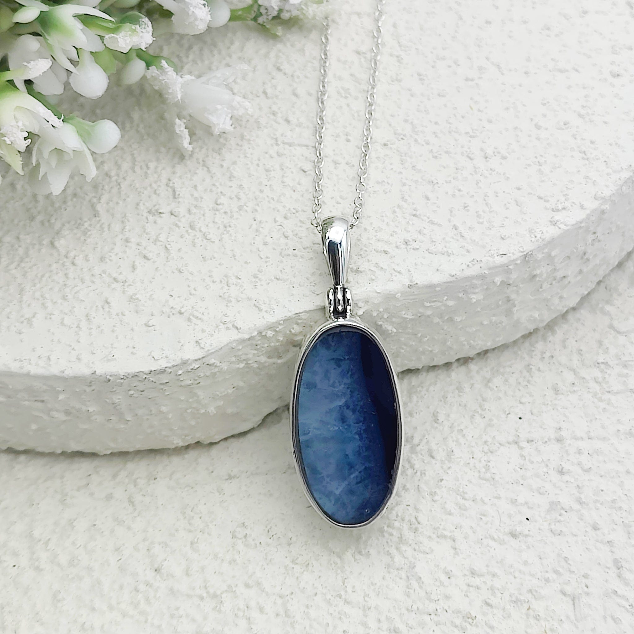 Hepburn and Hughes Blue Agate Pendant | 25mm Oval Gemstone | Sterling Silver
