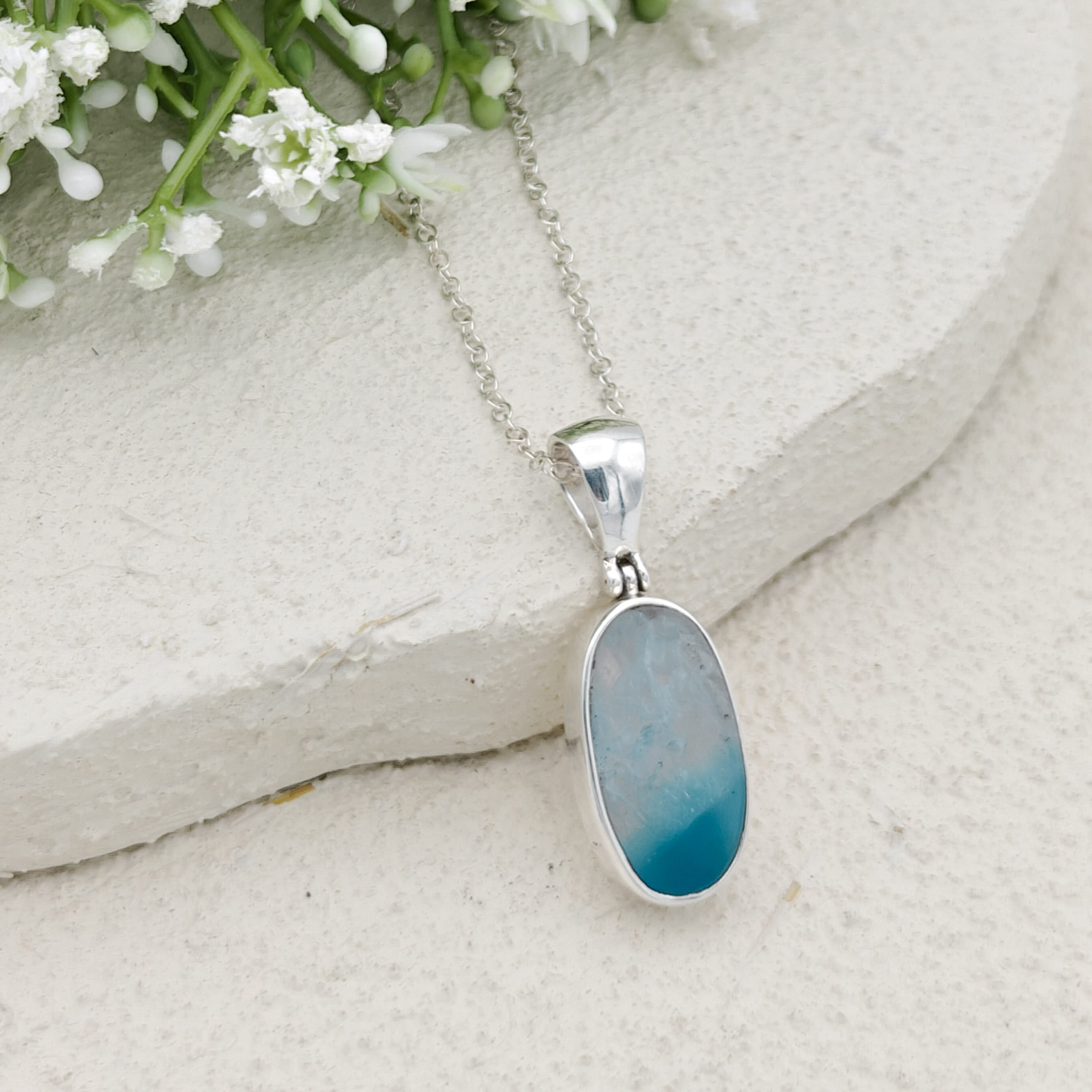 Hepburn and Hughes Blue Agate Pendant | 25mm Oval Gemstone | Sterling Silver
