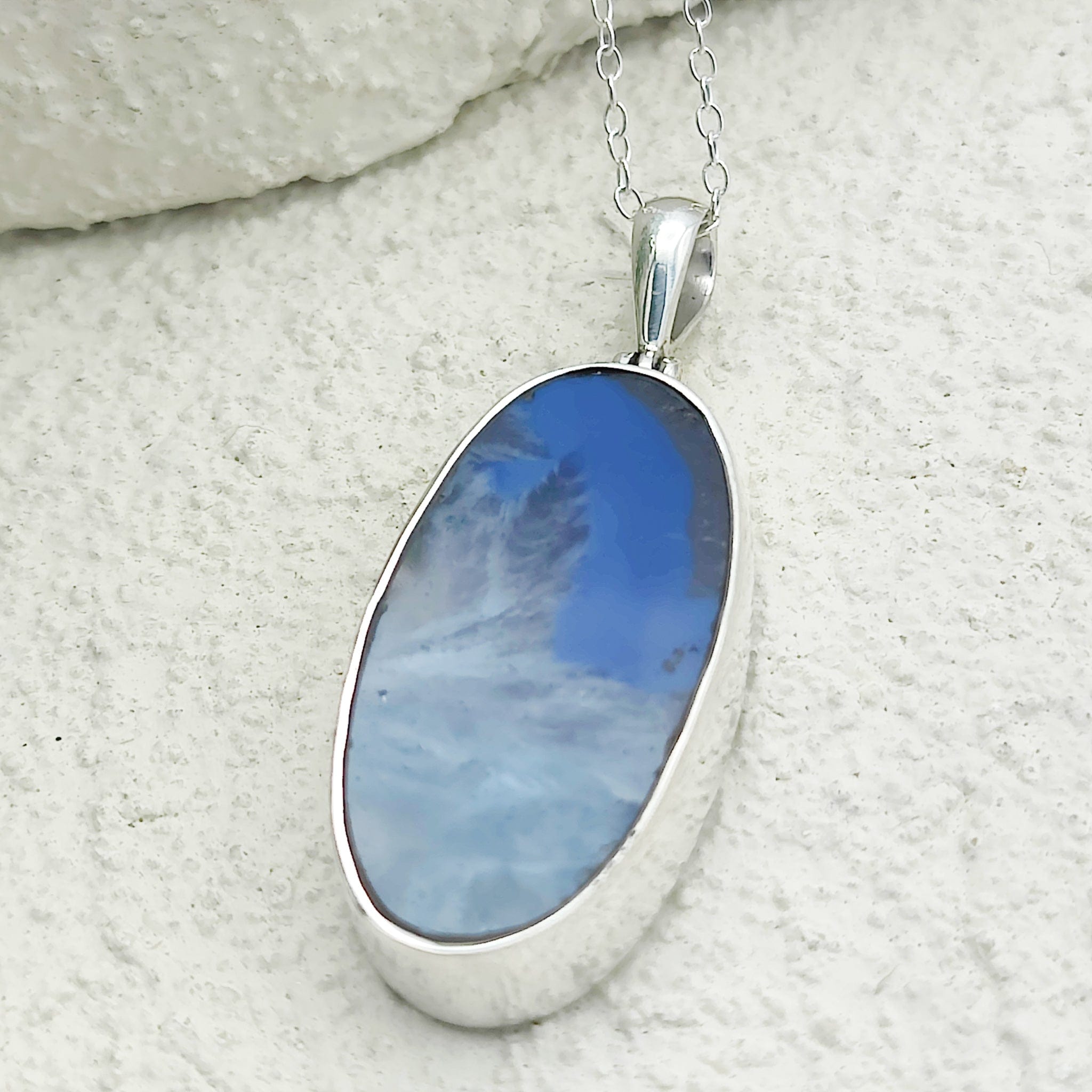 Hepburn and Hughes Blue Agate Pendant | 30mm Oval Gemstone | Gemini Gift | Sterling Silver