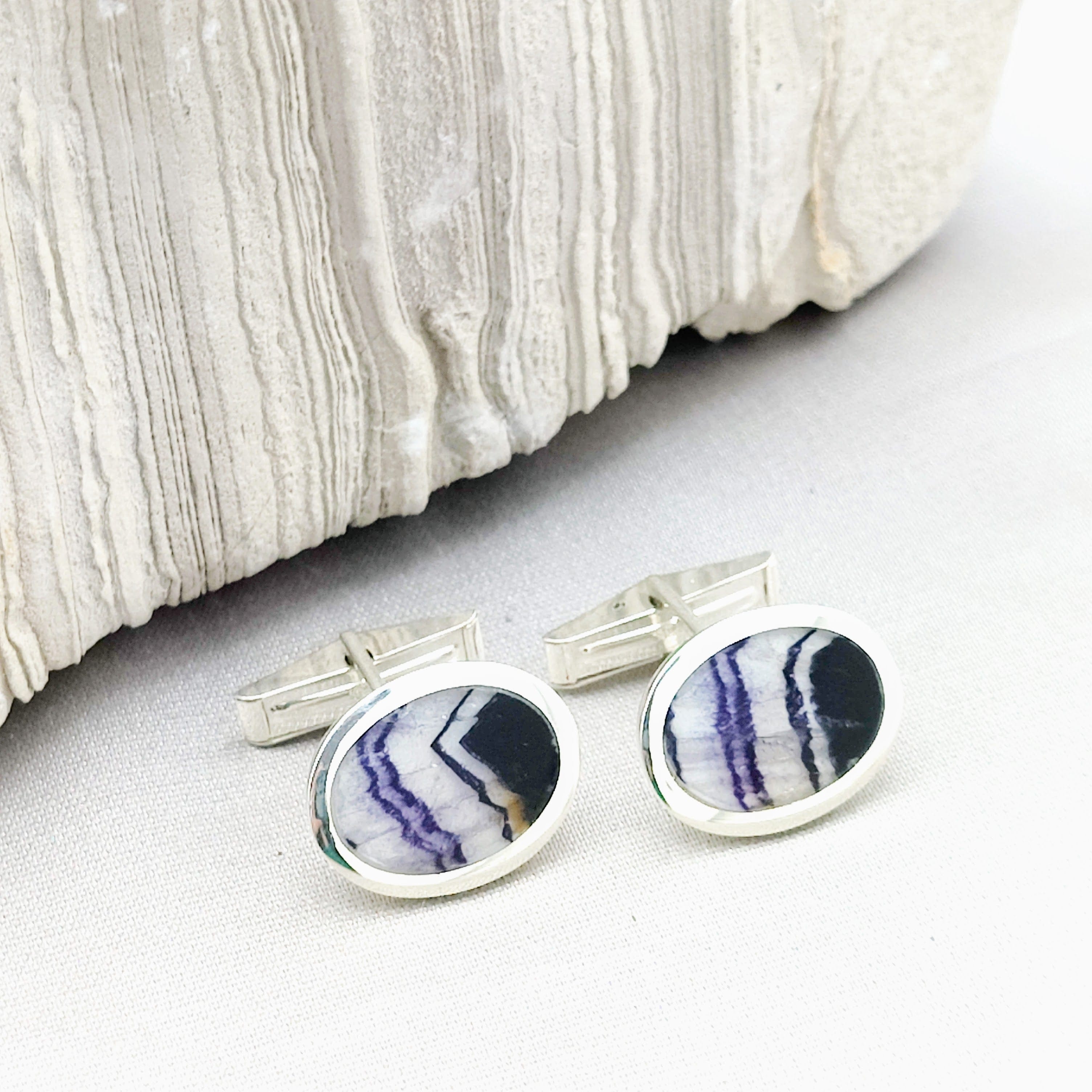 Hepburn and Hughes Blue John Cufflinks | British Gemstone | 3 Shapes | Sterling Silver