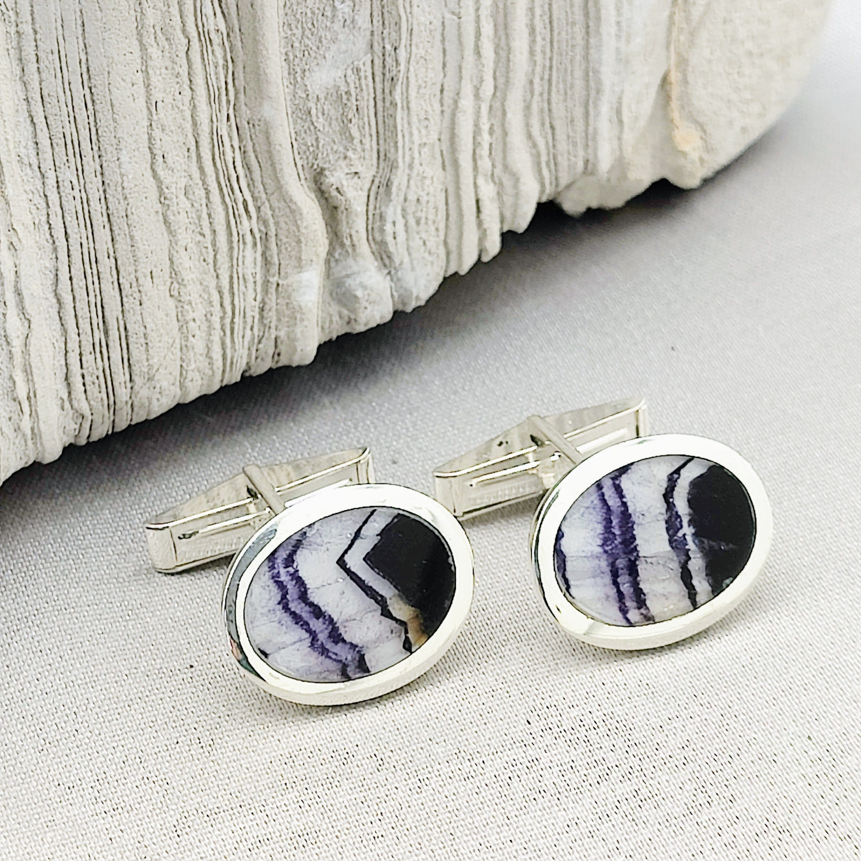 Hepburn and Hughes Blue John Cufflinks | British Gemstone | 3 Shapes | Sterling Silver