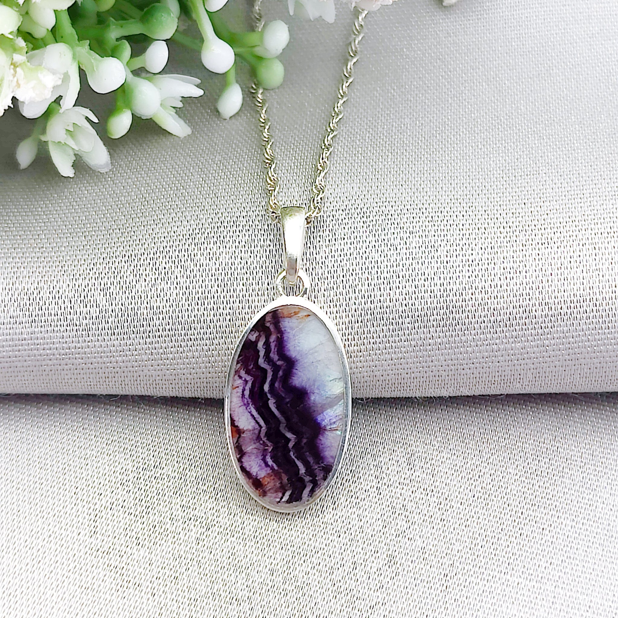 Hepburn and Hughes Blue John Pendant | British Gemstone Necklace | Oval | Sterling Silver