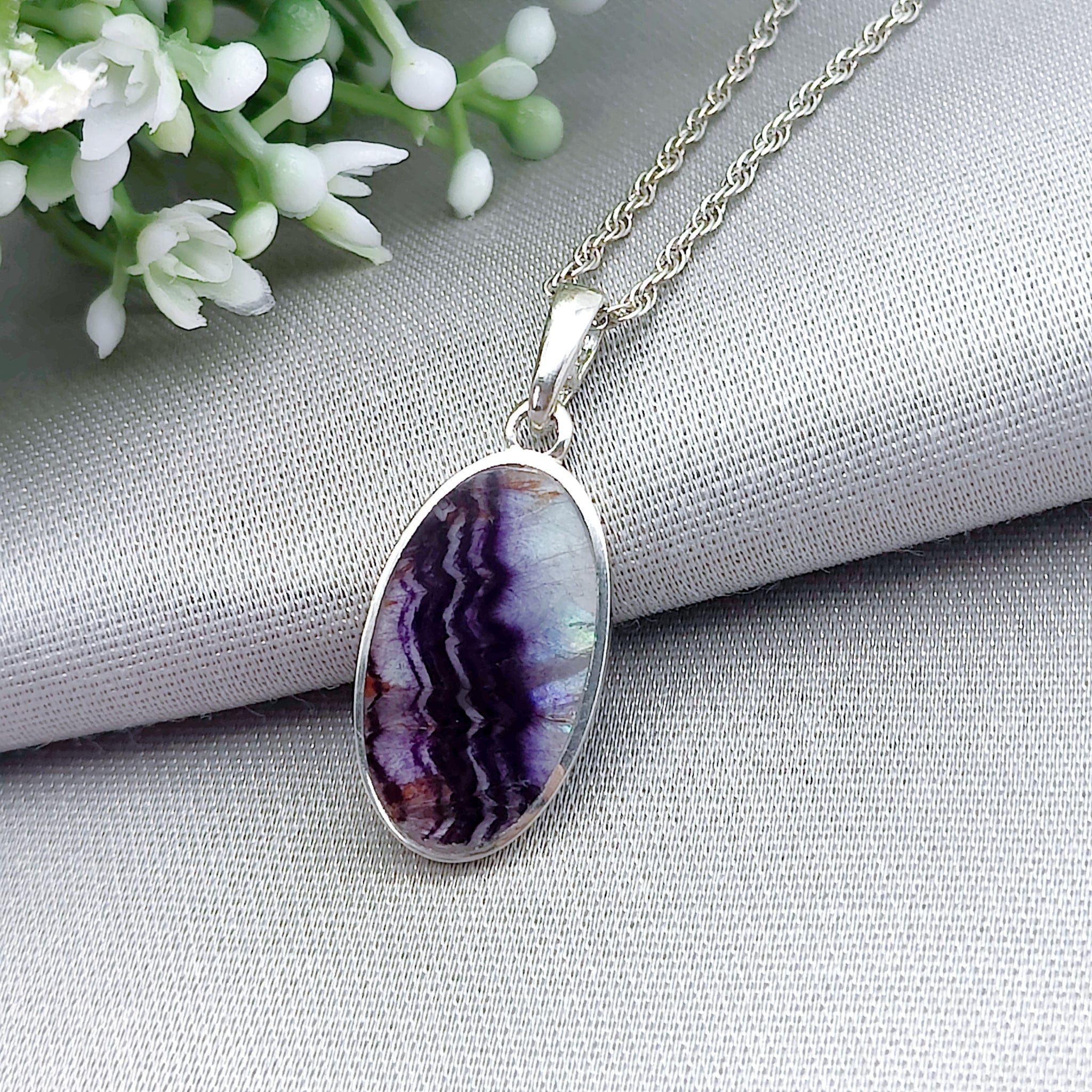 Hepburn and Hughes Blue John Pendant | British Gemstone Necklace | Oval | Sterling Silver