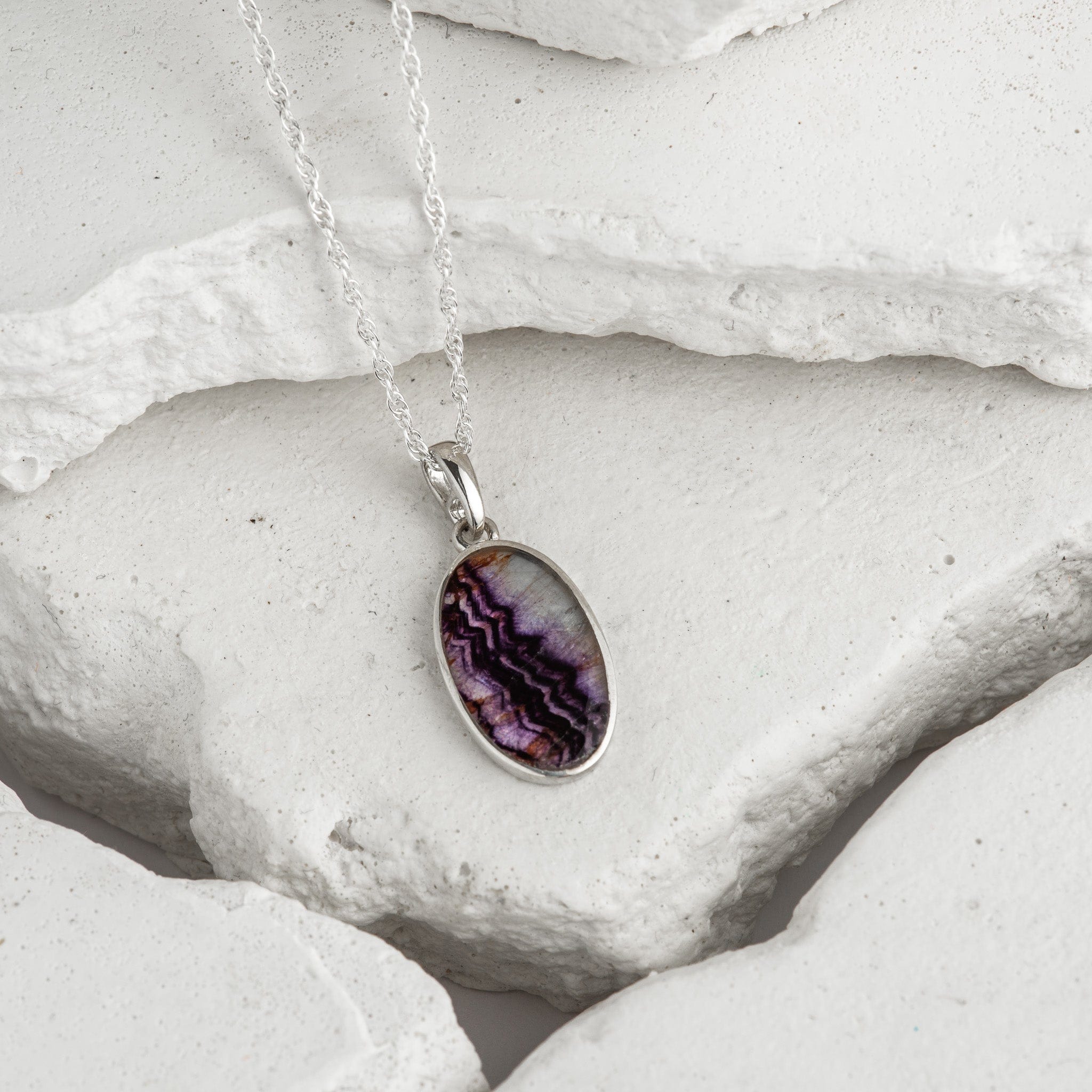 Hepburn and Hughes Blue John Pendant | British Gemstone Necklace | Oval | Sterling Silver