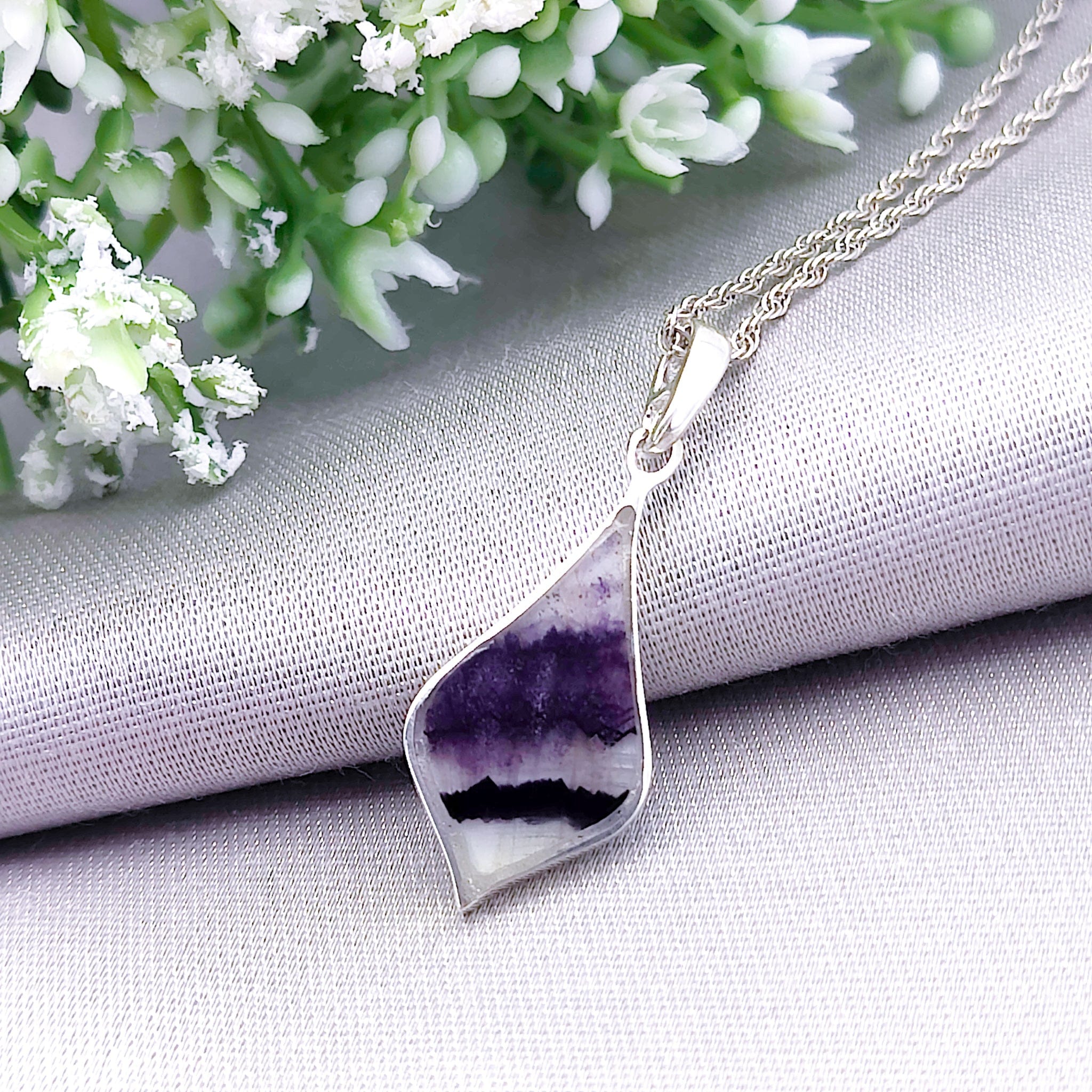 Hepburn and Hughes Blue John Pendant | British Gemstone Necklace | Wave | Sterling Silver