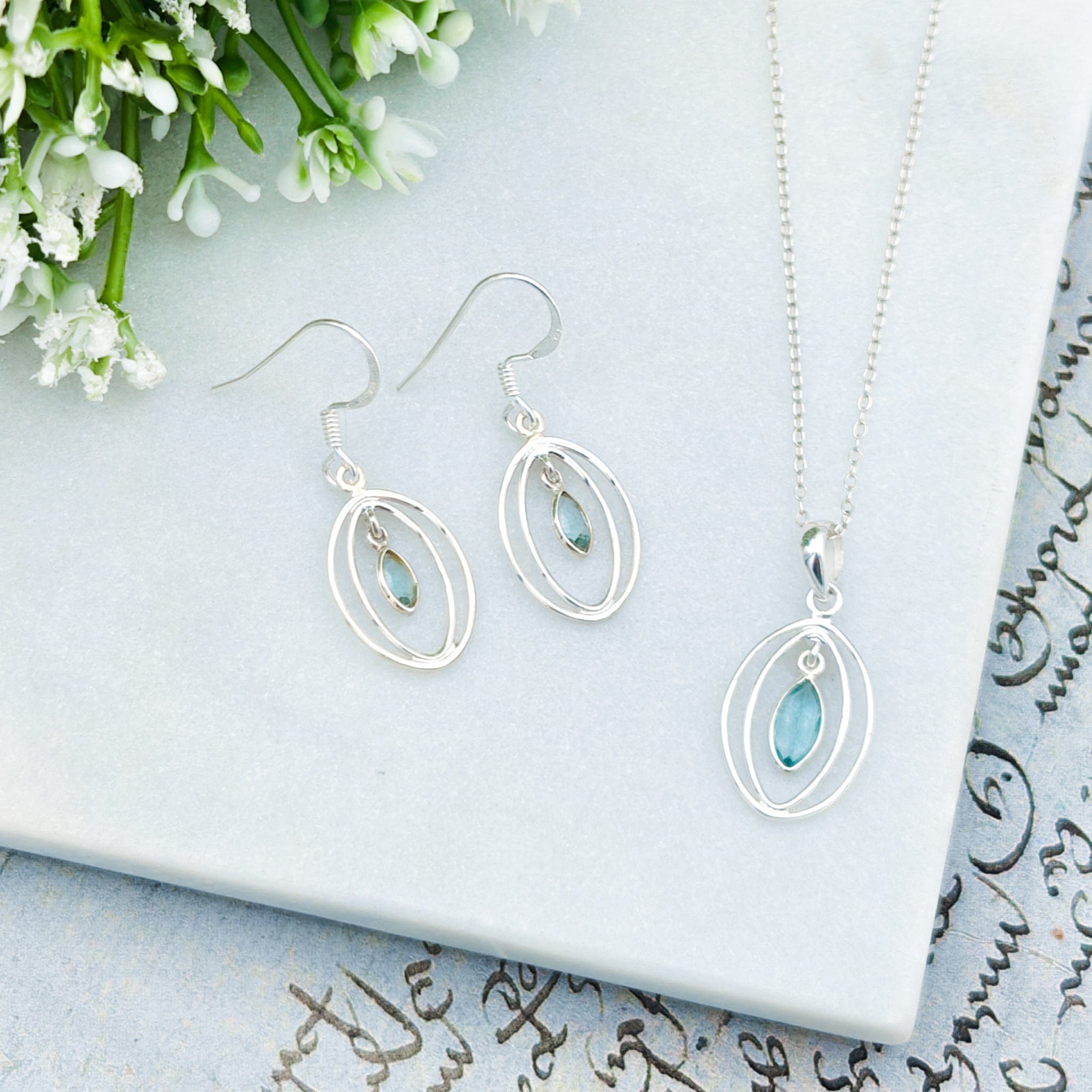 Hepburn and Hughes Blue Topaz Pendant | Double Oval | November Birthstone | Sterling Silver