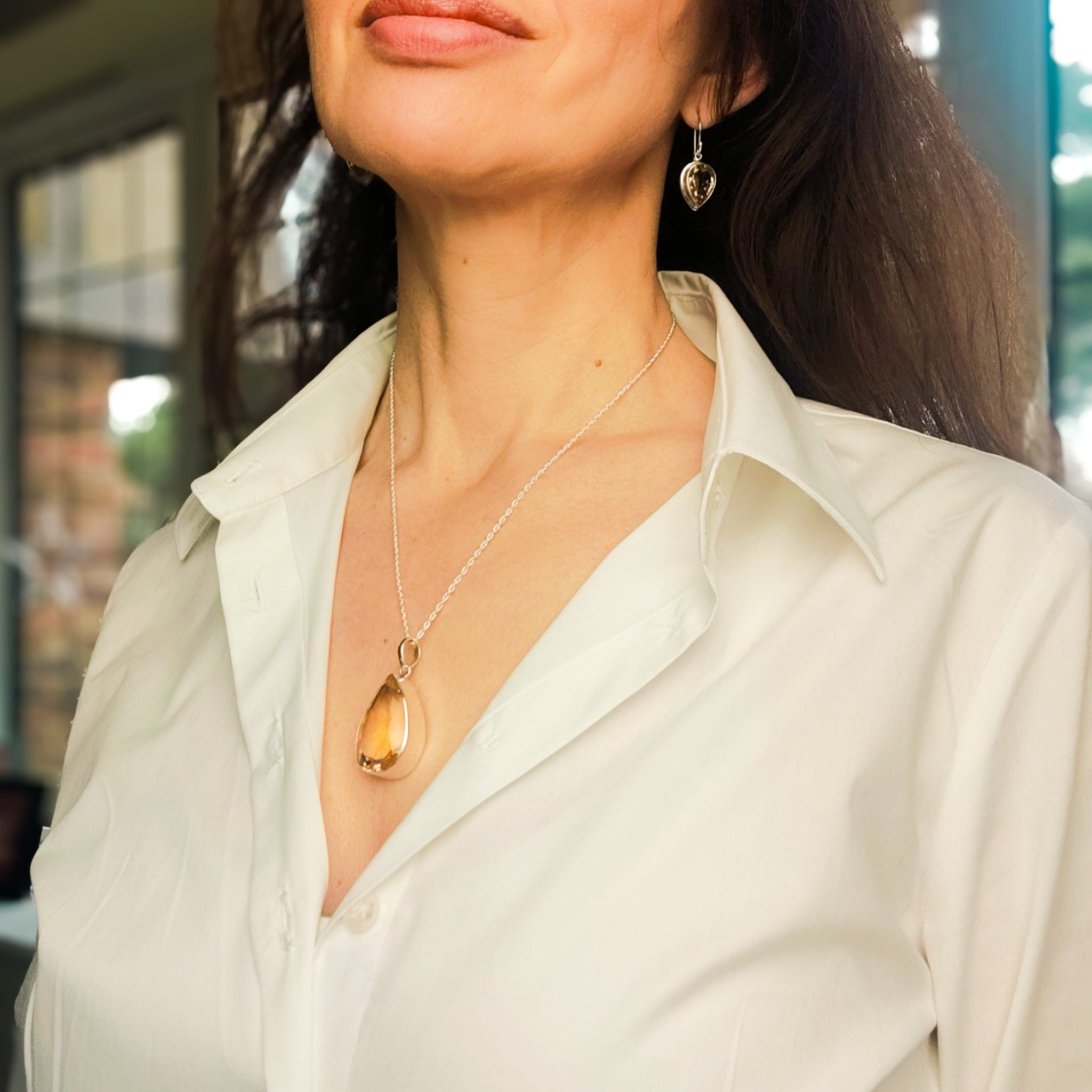 Hepburn and Hughes Citrine Pendant | 30mm Teardrop | November Birthstone | Sterling Silver