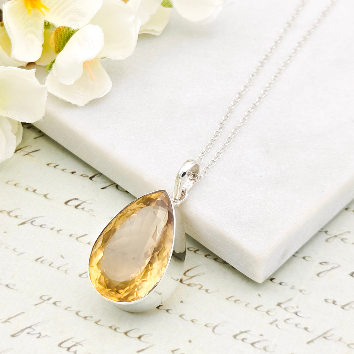 Hepburn and Hughes Citrine Pendant | 30mm Teardrop | November Birthstone | Sterling Silver