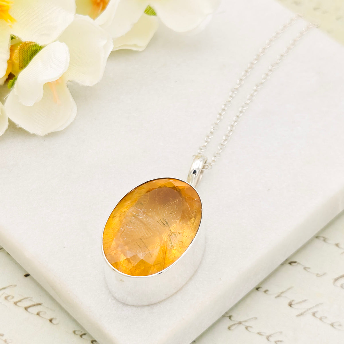 Hepburn and Hughes Citrine Sterling Silver Pendant | 30mm Faceted Oval | 13th Anniversary