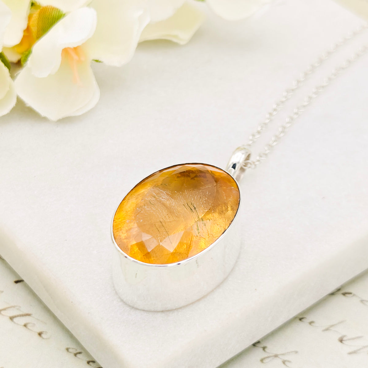 Hepburn and Hughes Citrine Sterling Silver Pendant | 30mm Faceted Oval | 13th Anniversary