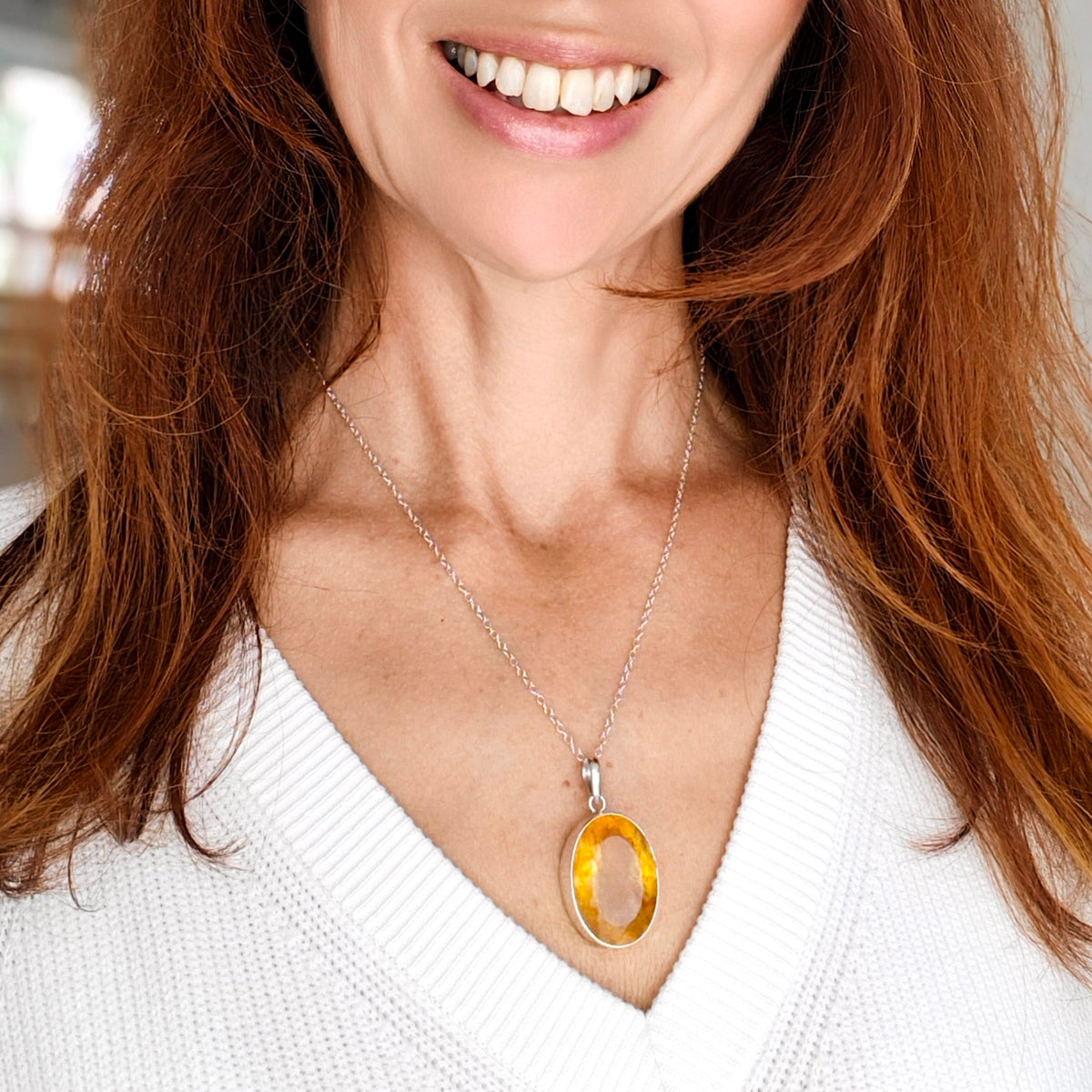 Hepburn and Hughes Citrine Sterling Silver Pendant | 30mm Faceted Oval | 13th Anniversary