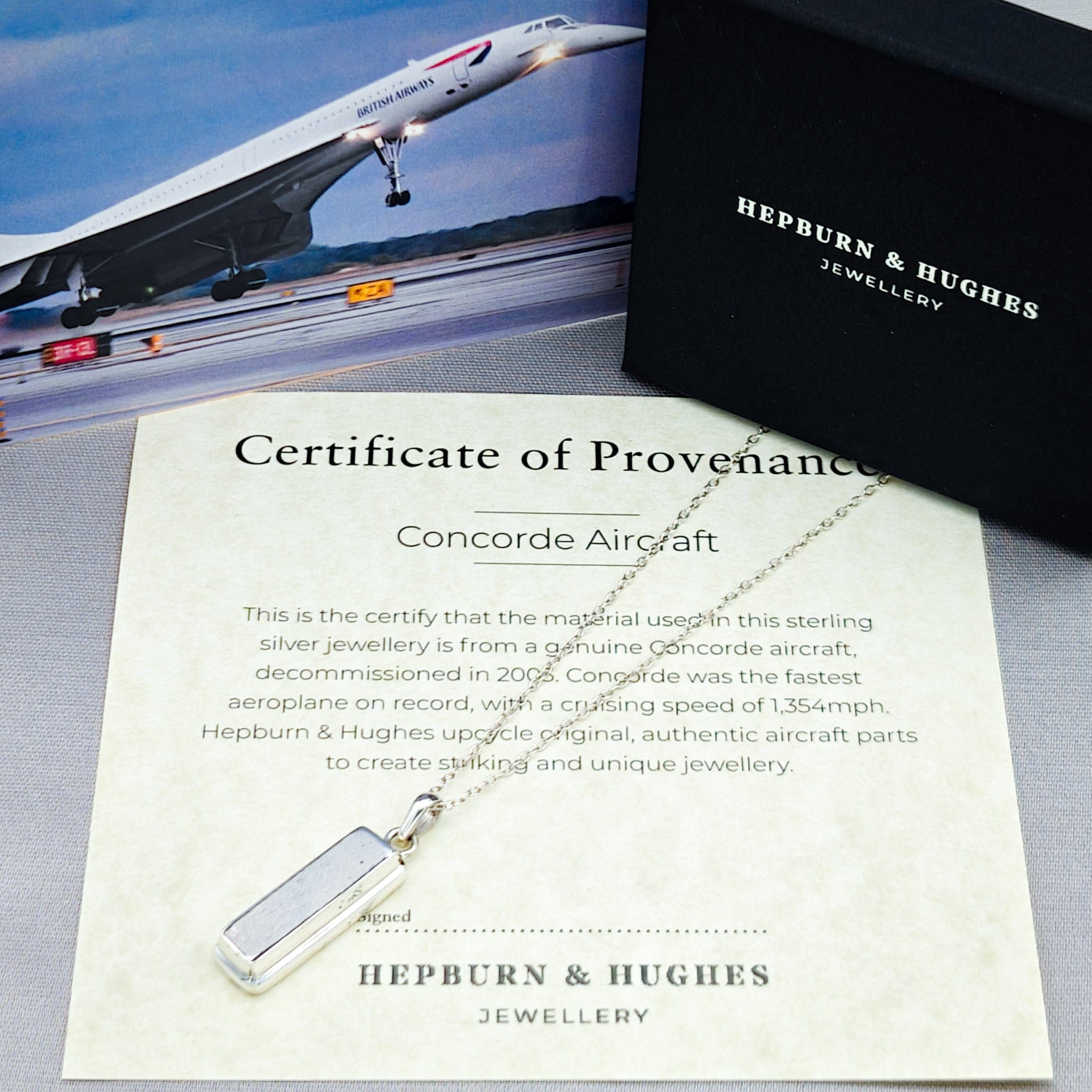 Hepburn and Hughes Concorde Pendant | Aviation Gift | Rectangle Hiduminium Panel | Sterling Silver