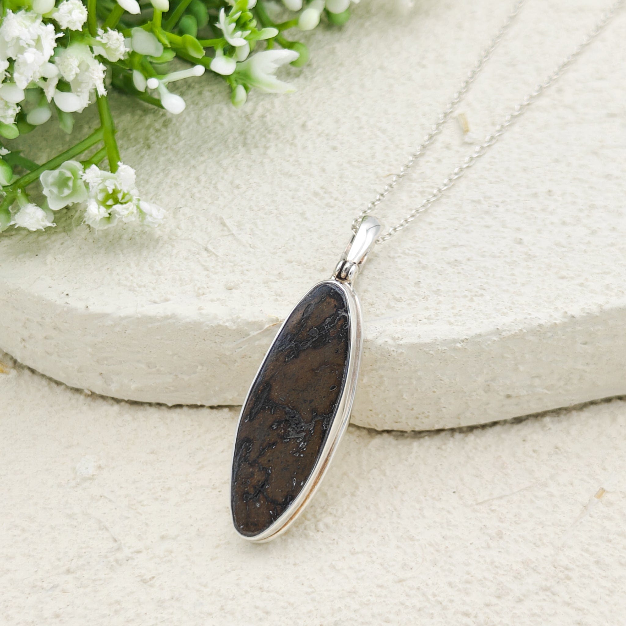 Hepburn and Hughes Dinosaur Bone Pendant | Fossilised Iguanodon | 35mm Slim Oval | Sterling Silver