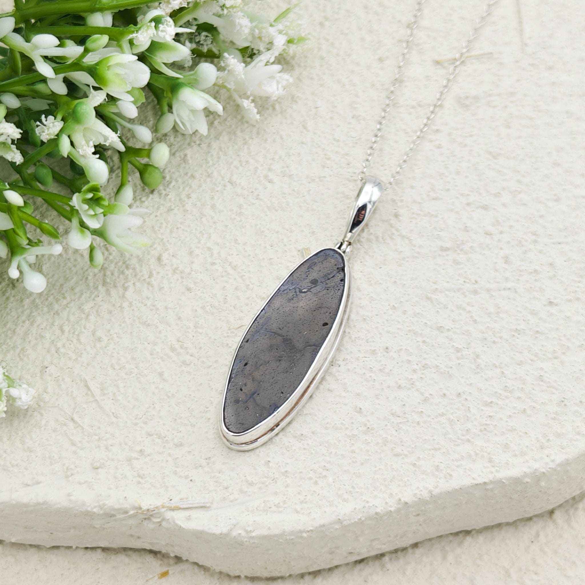 Hepburn and Hughes Dinosaur Bone Pendant | Fossilised Iguanodon | 35mm Slim Oval | Sterling Silver