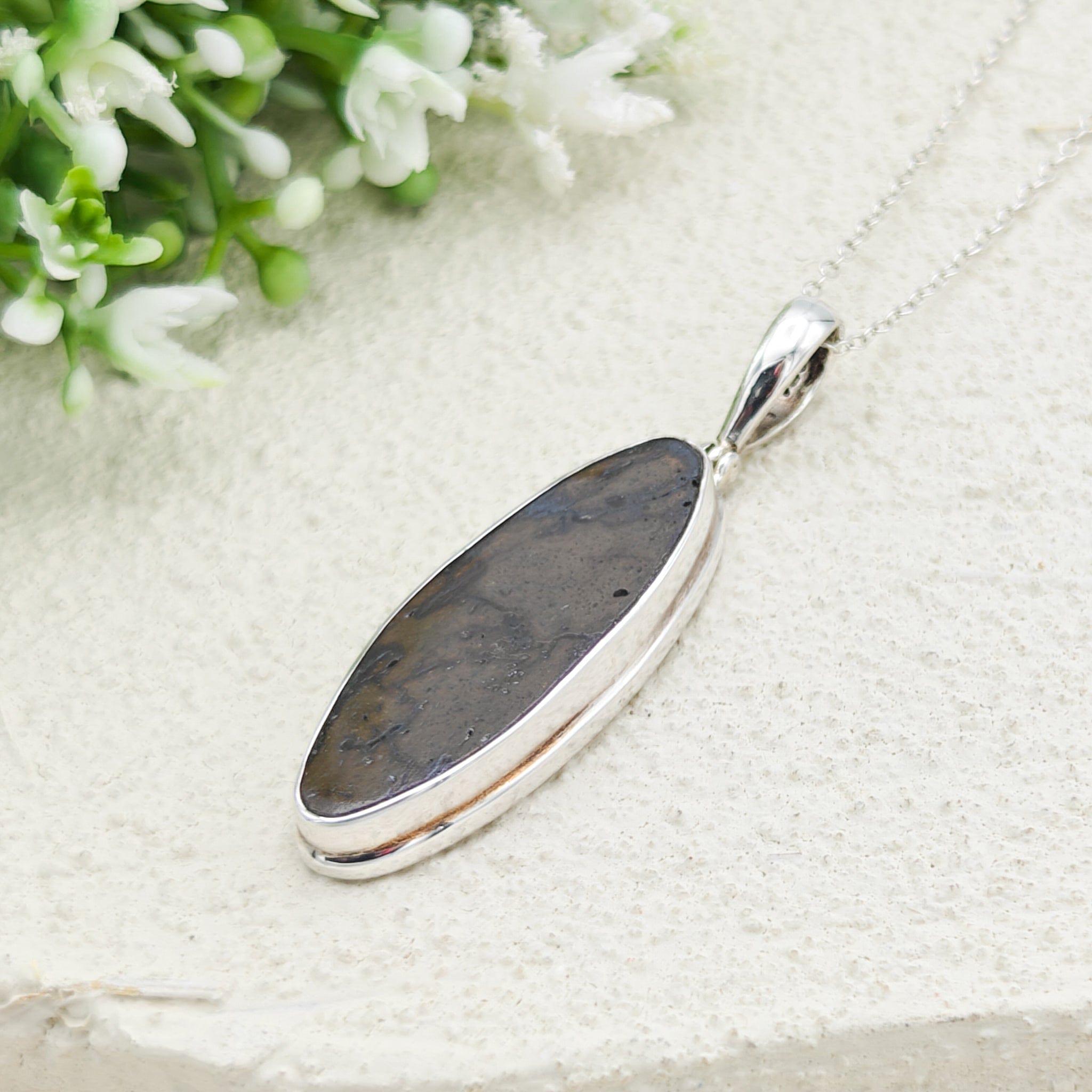 Hepburn and Hughes Dinosaur Bone Pendant | Fossilised Iguanodon | 35mm Slim Oval | Sterling Silver