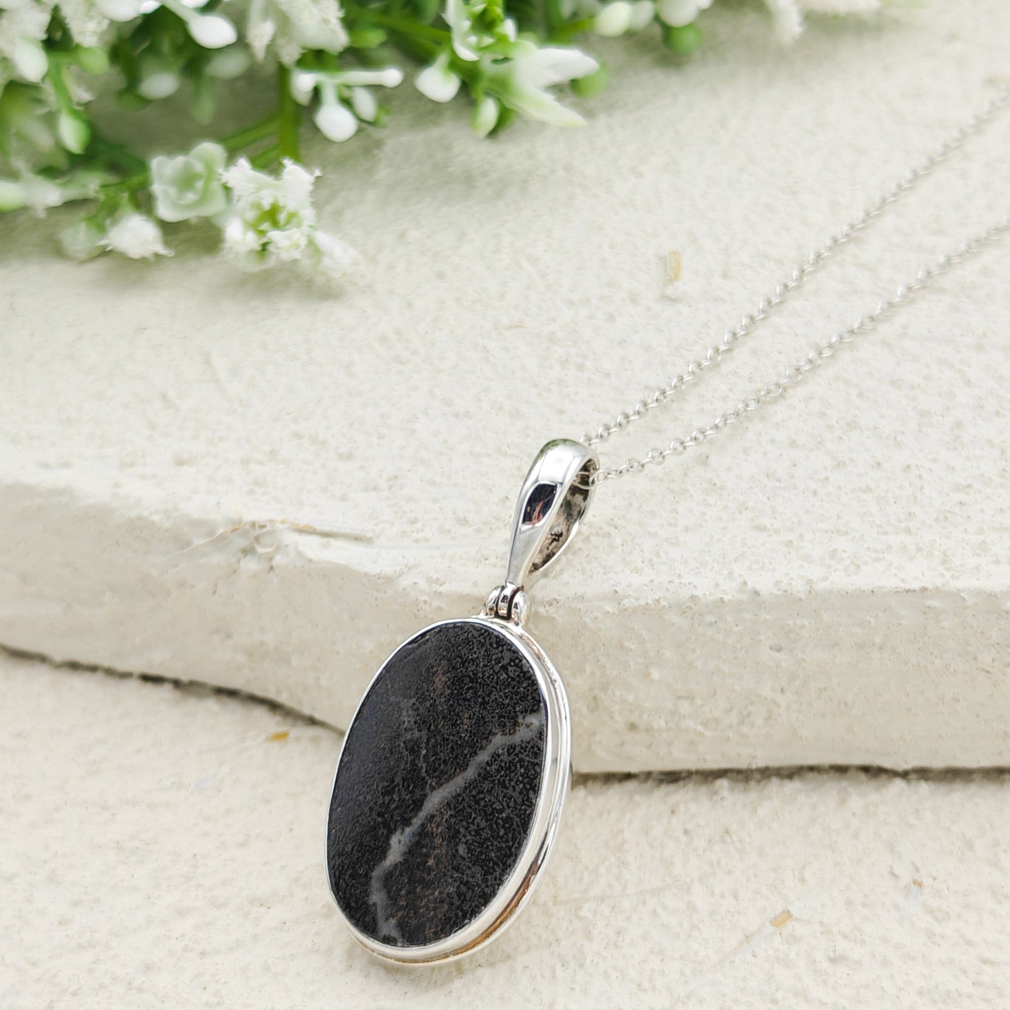 Hepburn and Hughes Dinosaur Bone Pendant | Fossilised Iguanodon | Double Bezel Oval | Sterling Silver