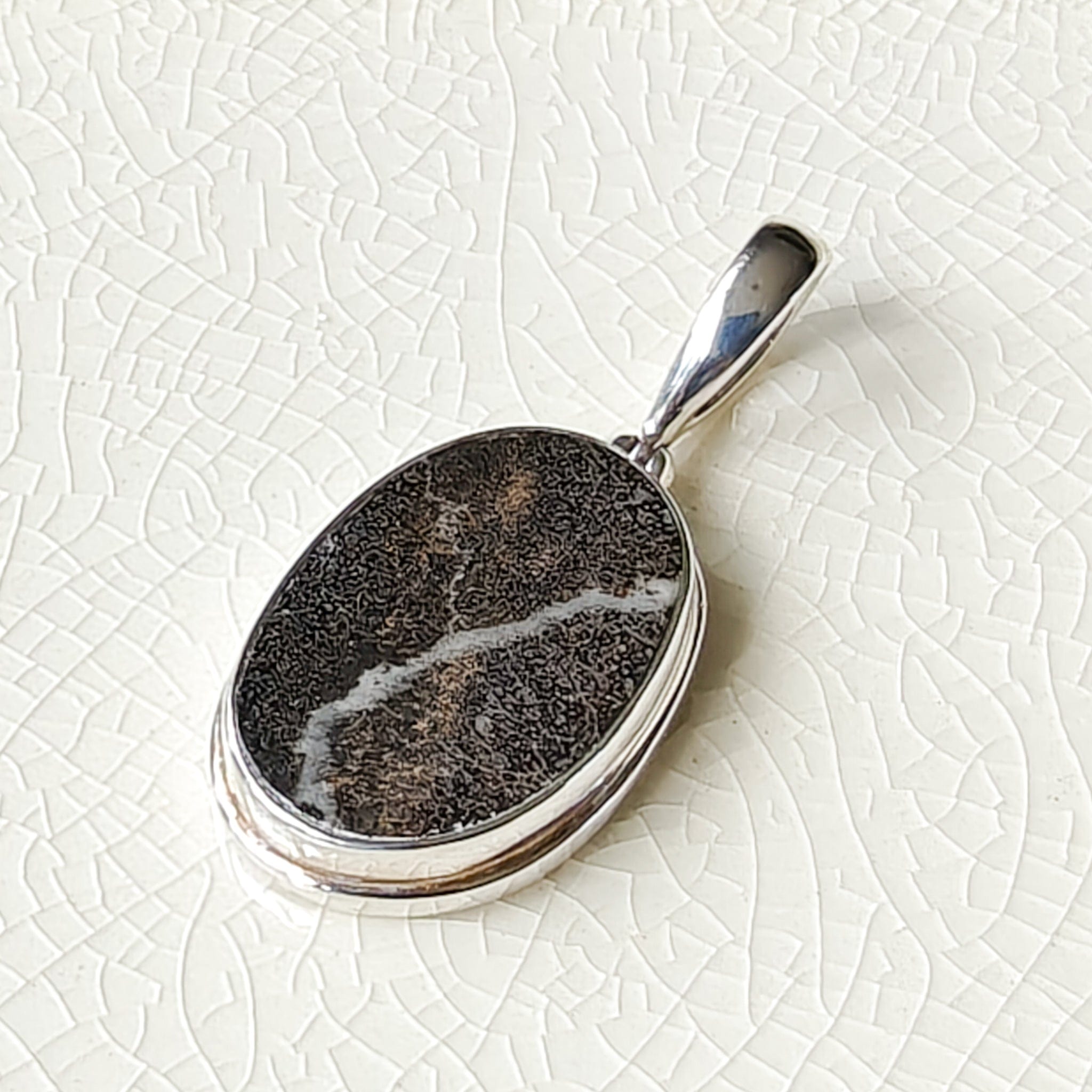 Hepburn and Hughes Dinosaur Bone Pendant | Fossilised Iguanodon | Double Bezel Oval | Sterling Silver