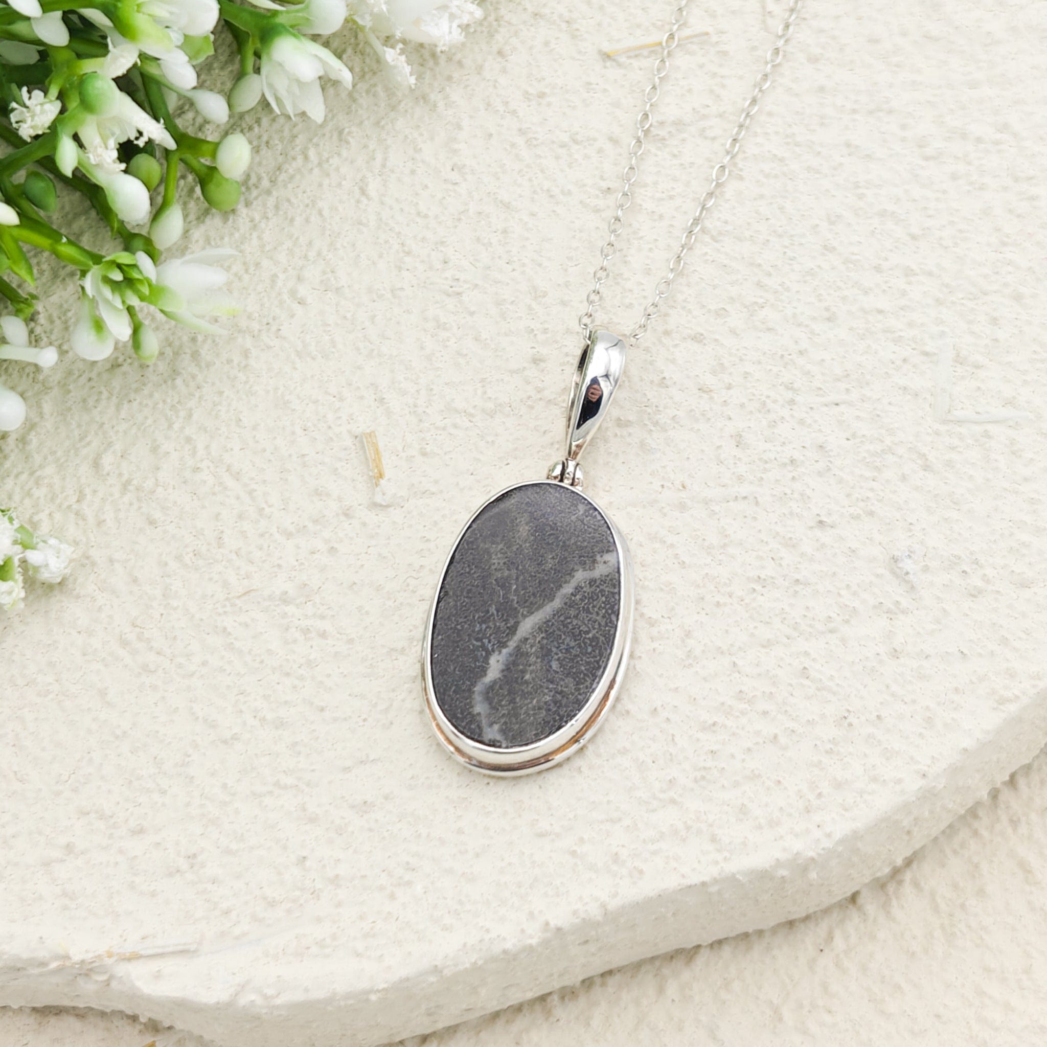 Hepburn and Hughes Dinosaur Bone Pendant | Fossilised Iguanodon | Double Bezel Oval | Sterling Silver