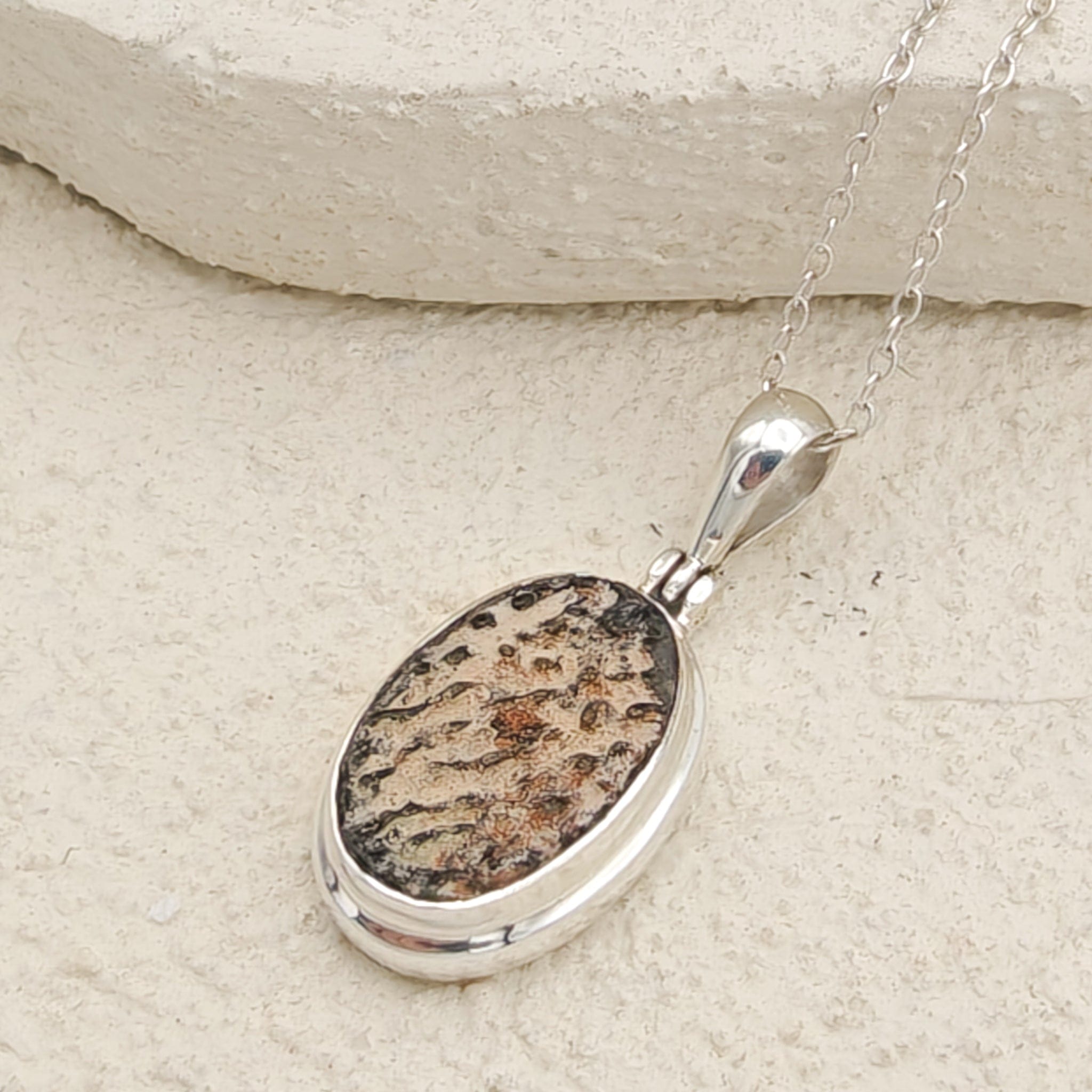 Hepburn and Hughes Dinosaur Egg Shell Pendant | Oval Fossil Necklace |Sterling Silver