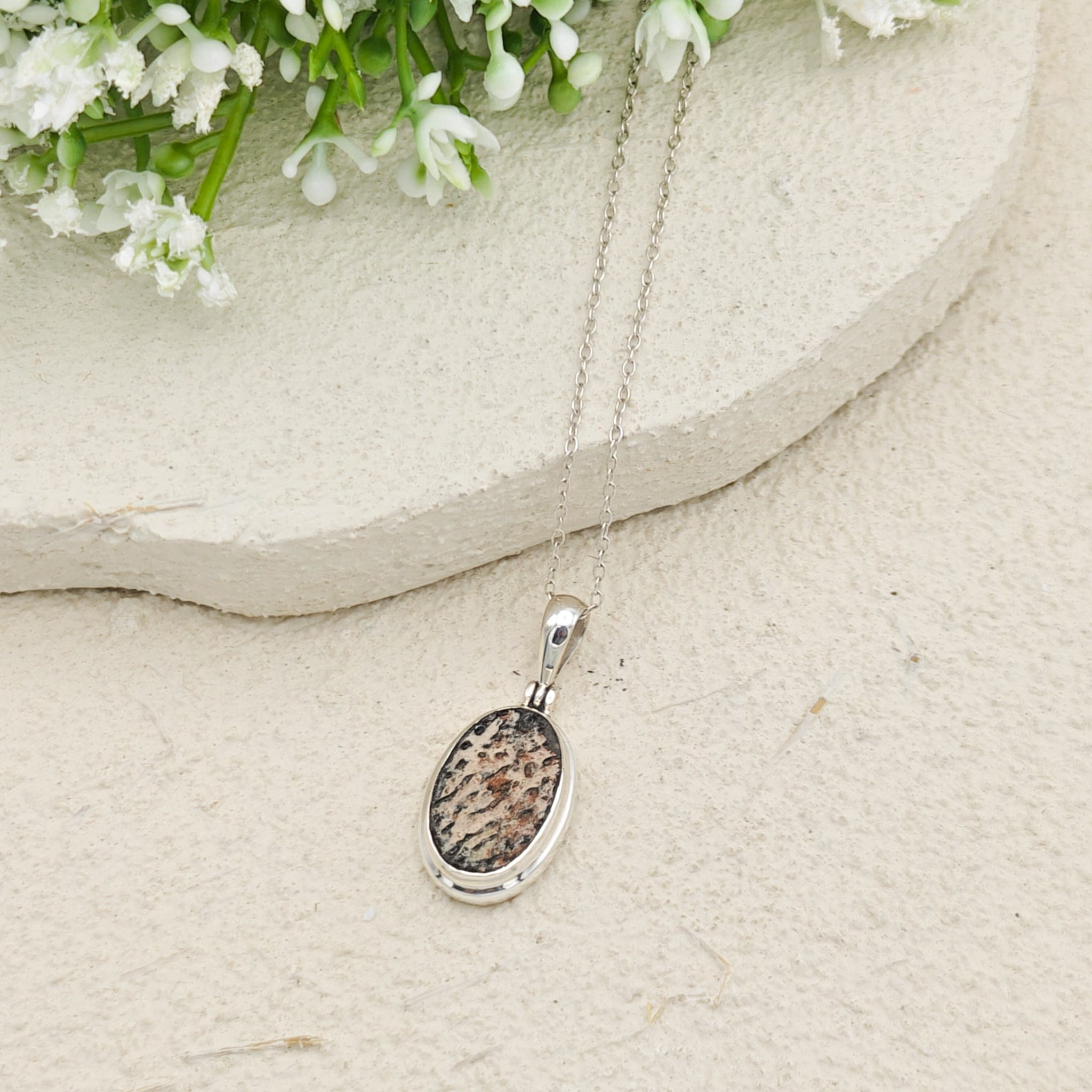 Hepburn and Hughes Dinosaur Egg Shell Pendant | Oval Fossil Necklace |Sterling Silver