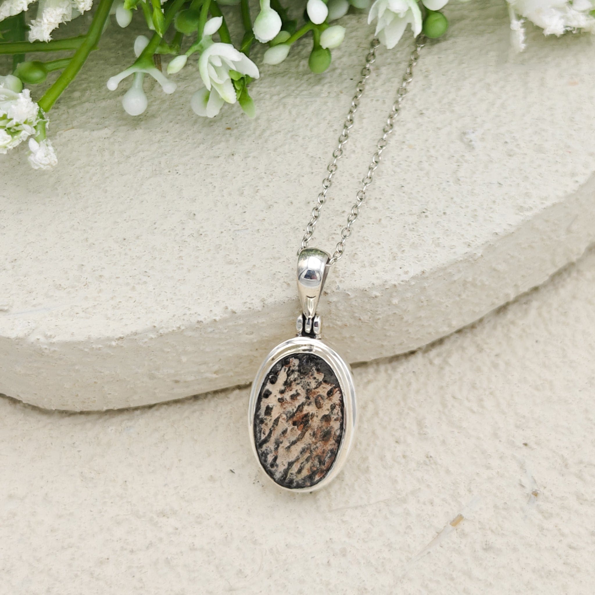 Hepburn and Hughes Dinosaur Egg Shell Pendant | Oval Fossil Necklace |Sterling Silver