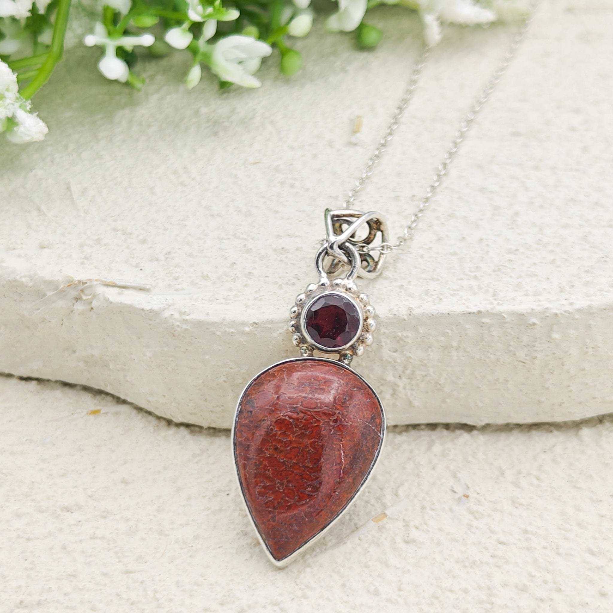 Hepburn and Hughes Dinosaur Fossil Pendant | Brontosaurus and Garnet | Jurassic Gift | Sterling Silver