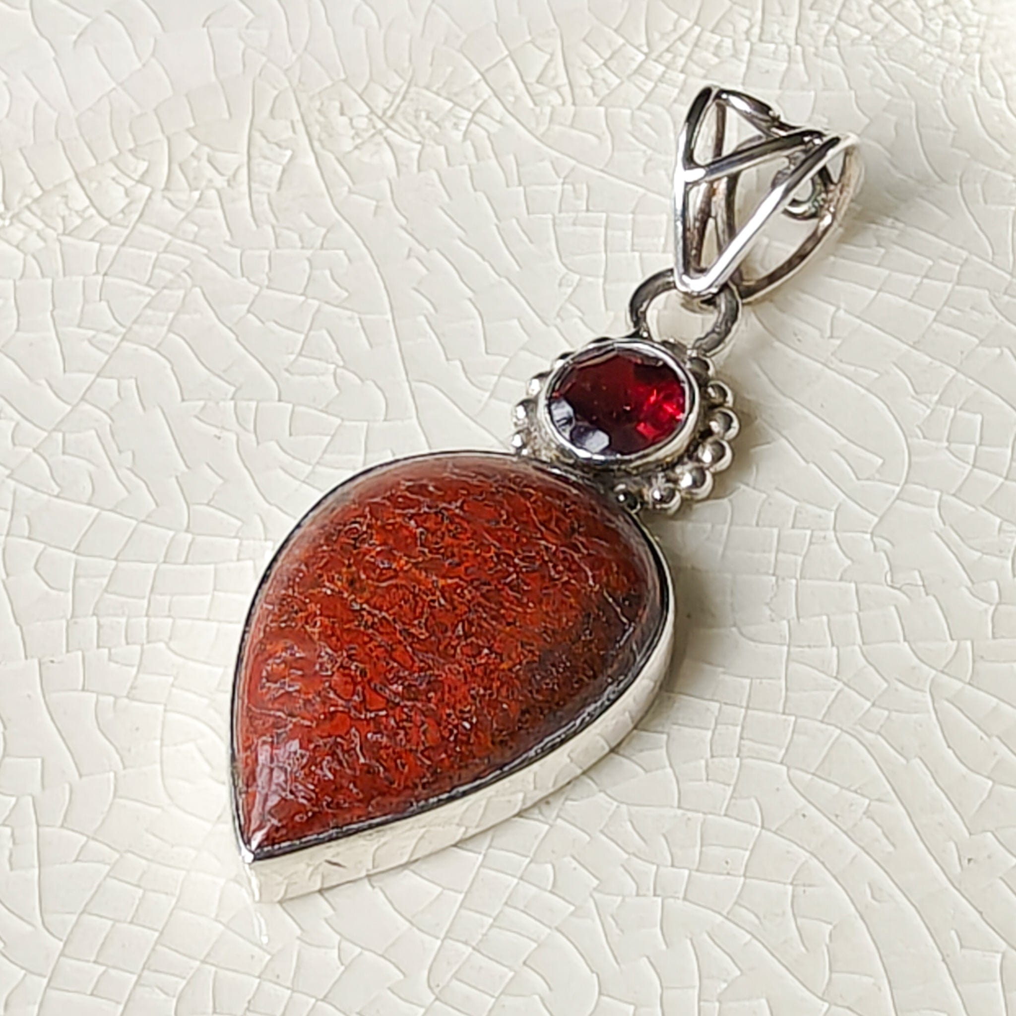 Hepburn and Hughes Dinosaur Fossil Pendant | Brontosaurus and Garnet | Jurassic Gift | Sterling Silver