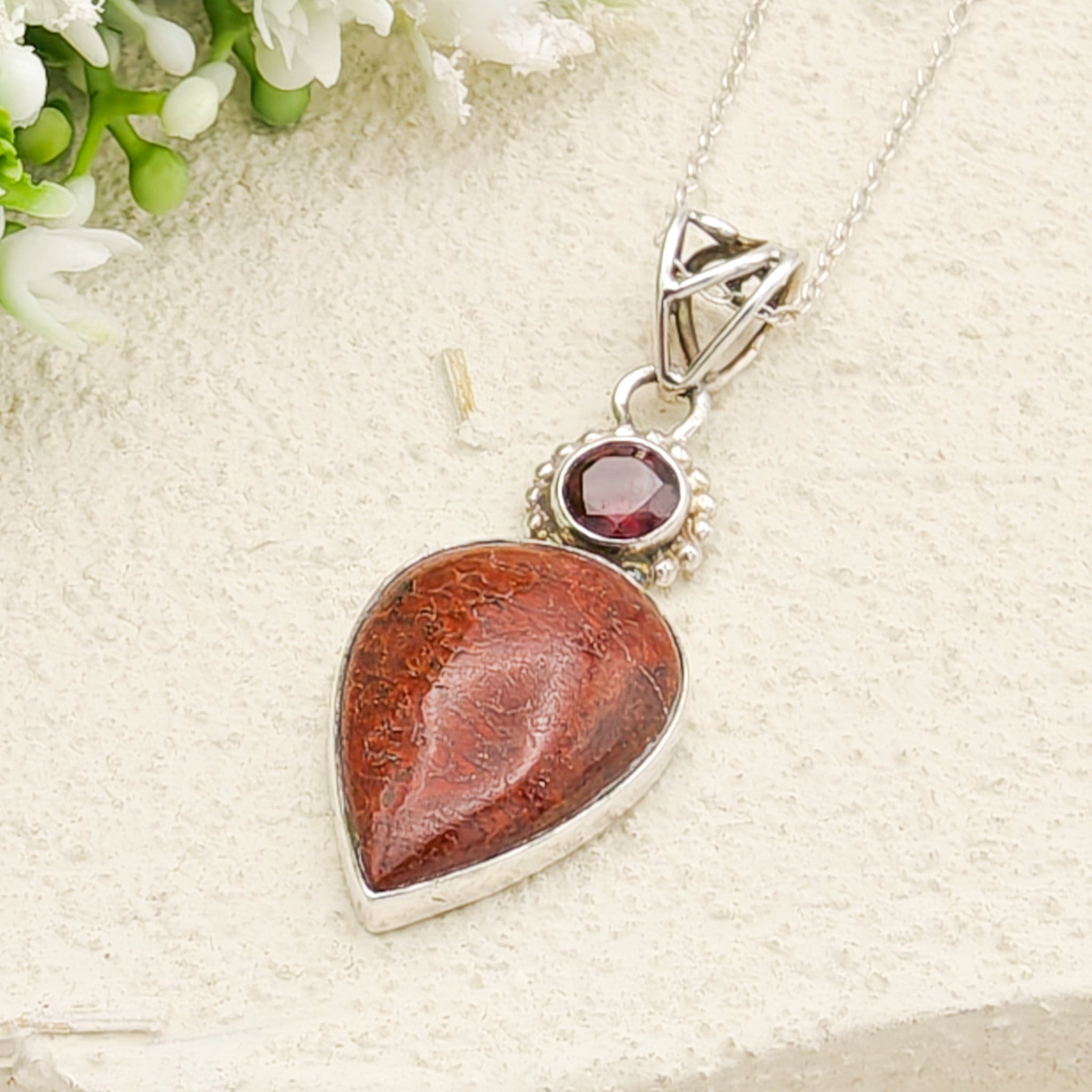 Hepburn and Hughes Dinosaur Fossil Pendant | Brontosaurus and Garnet | Jurassic Gift | Sterling Silver