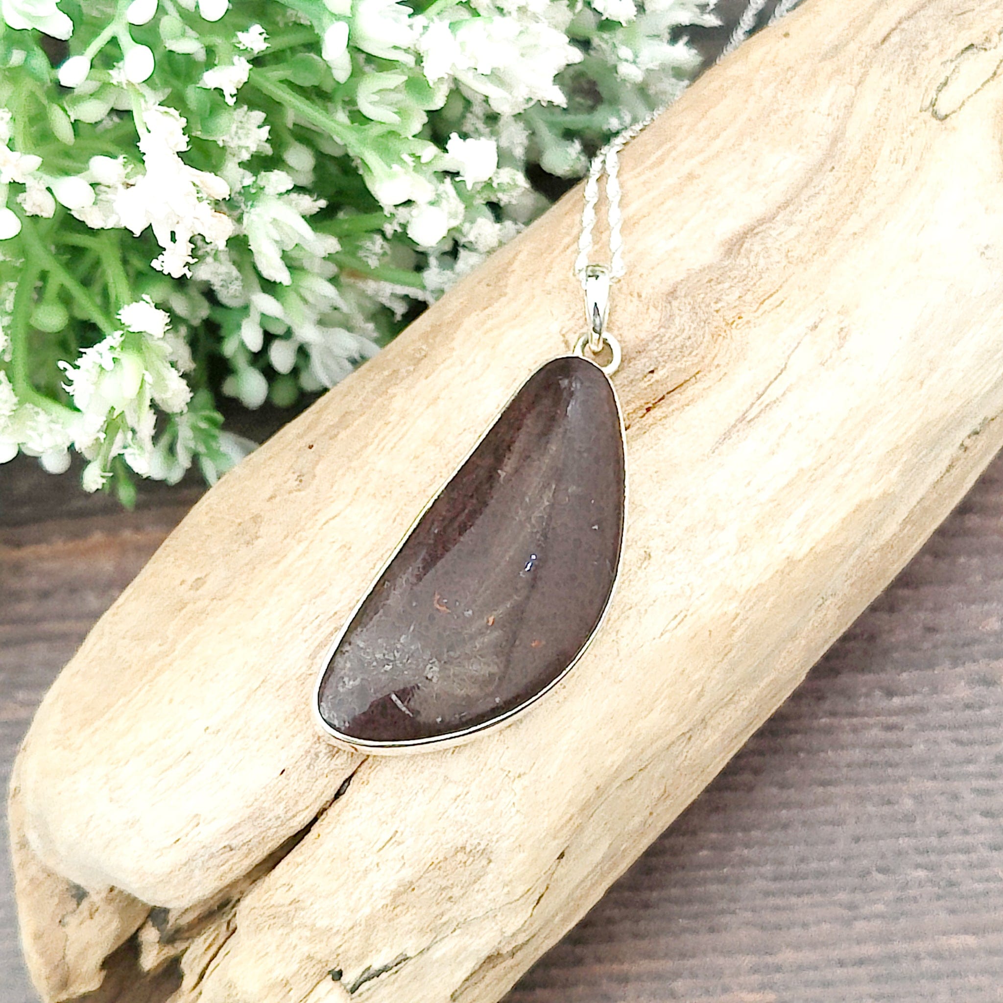 Hepburn and Hughes Dinosaur Fossil Pendant | Fossilised Brontosaurus Necklace | 30mm Curved | Sterling Silver