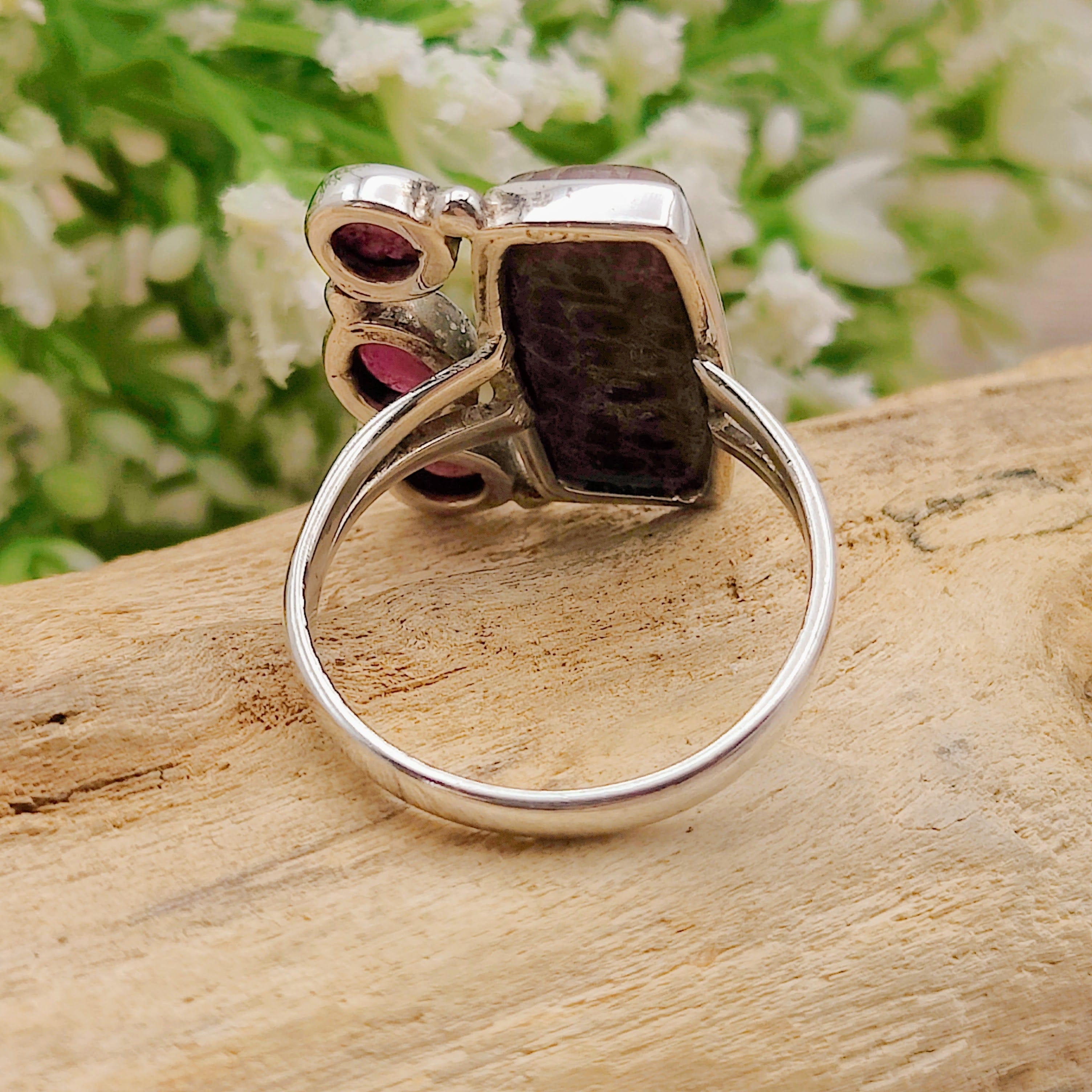 Hepburn and Hughes Dinosaur Fossil Ring | Brontosaurus Bone and Garnet | Sterling Silver