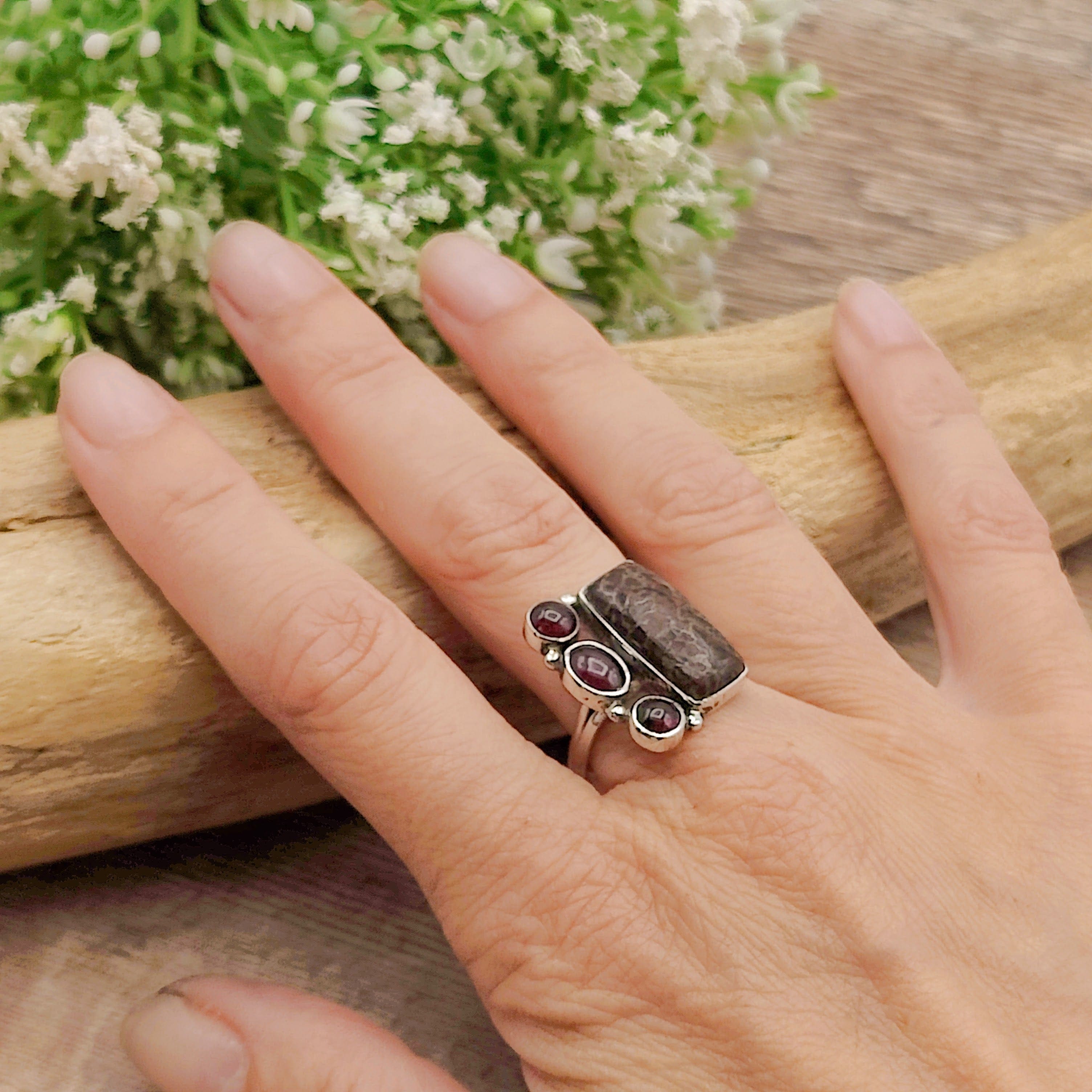 Hepburn and Hughes Dinosaur Fossil Ring | Brontosaurus Bone and Garnet | Sterling Silver