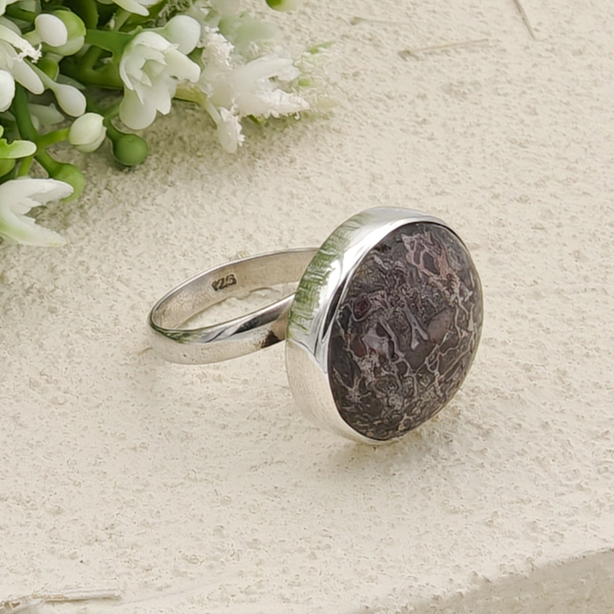 Hepburn and Hughes Dinosaur Fossil Ring | Brontosaurus Jurassic Gift | 17mm diameter | Sterling Silver