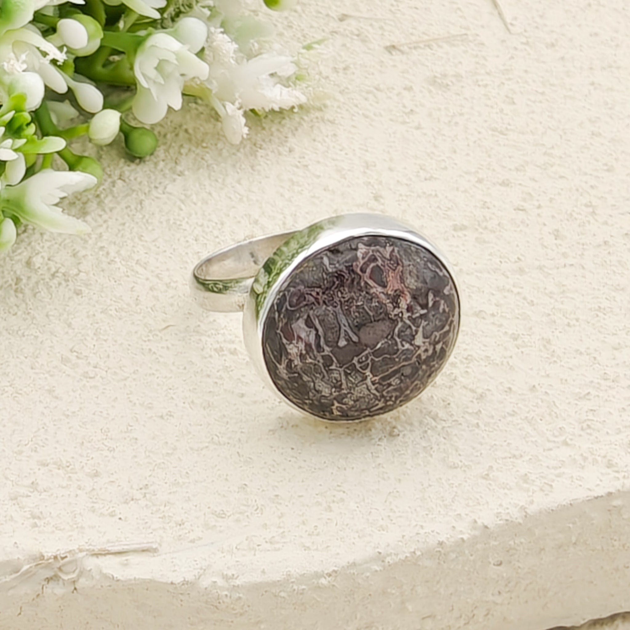 Hepburn and Hughes Dinosaur Fossil Ring | Brontosaurus Jurassic Gift | 17mm diameter | Sterling Silver