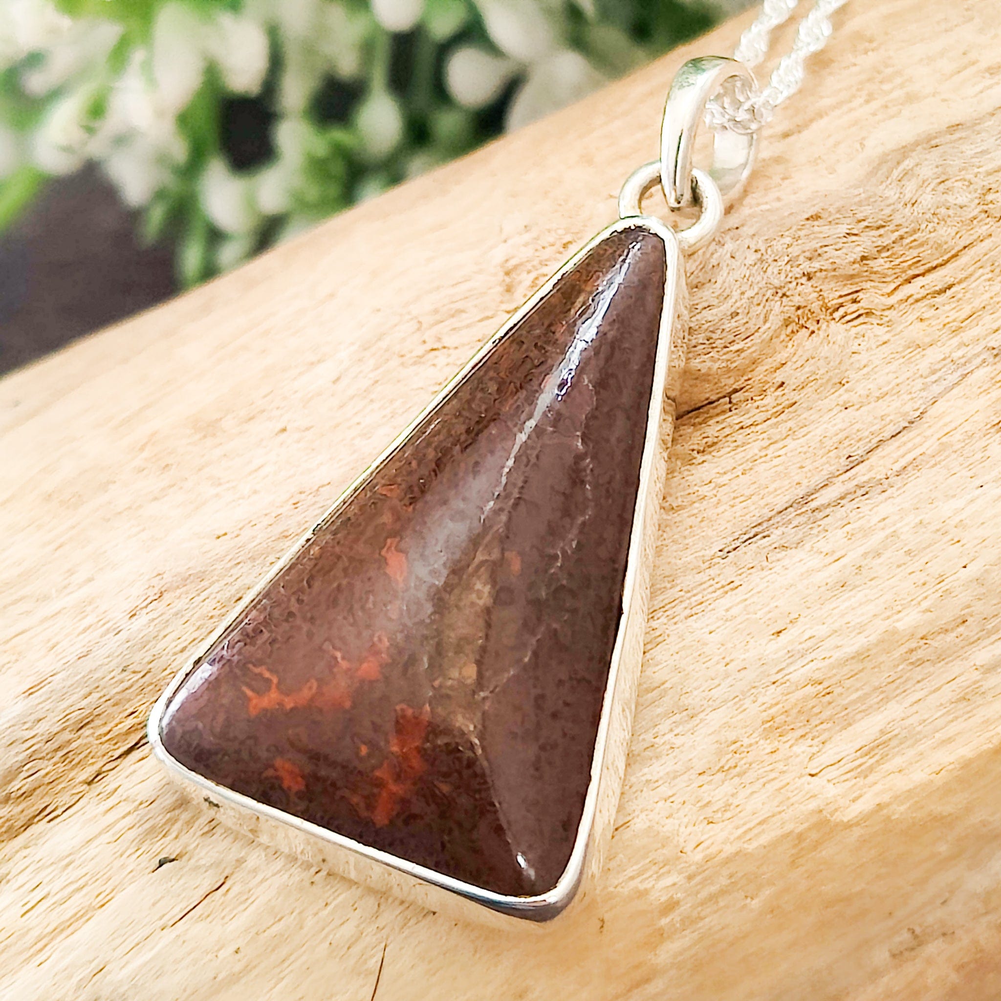 Hepburn and Hughes Dinosaur Pendant | Brontosaurus Fossil Necklace | 30mm Triangle | Sterling Silver