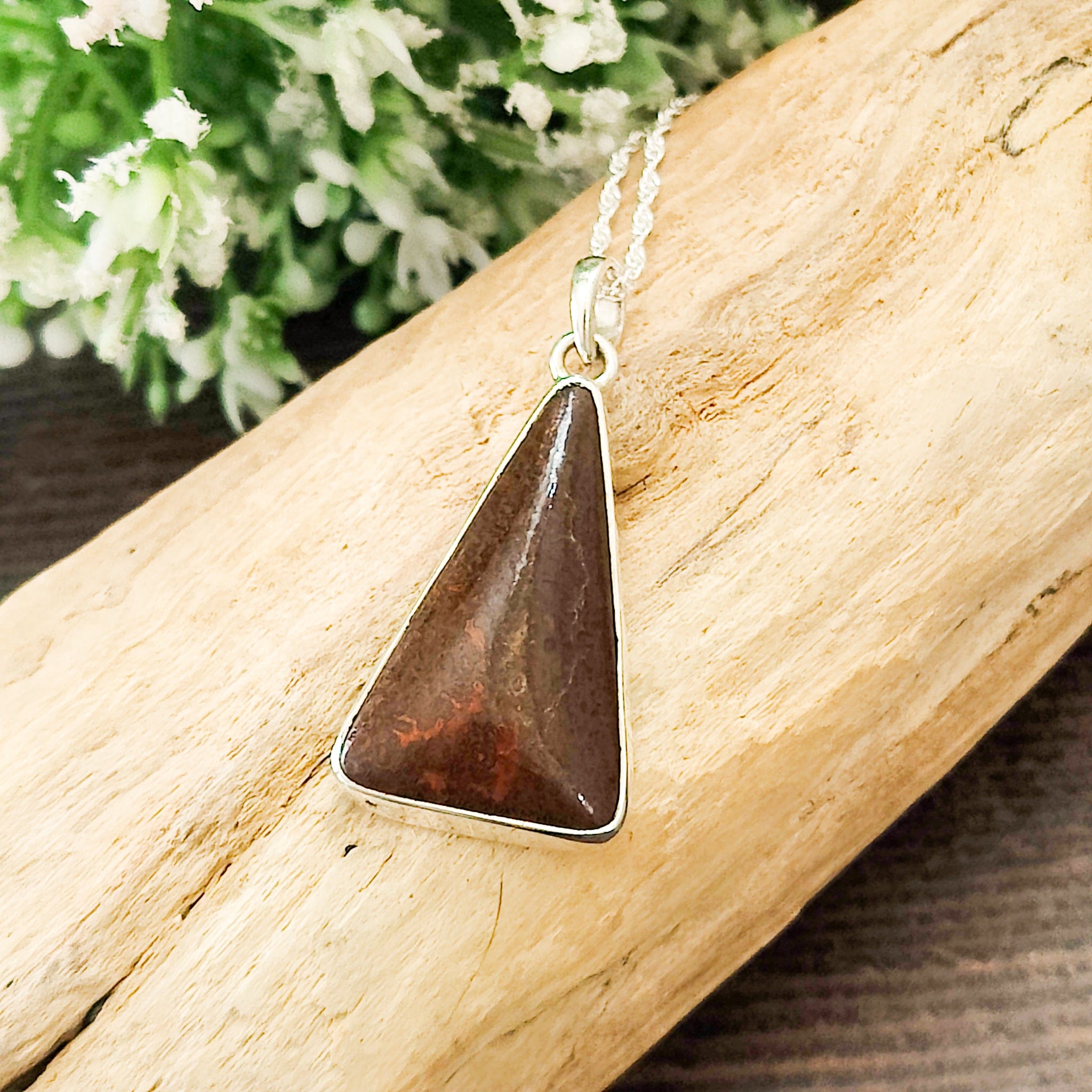 Hepburn and Hughes Dinosaur Pendant | Brontosaurus Fossil Necklace | 30mm Triangle | Sterling Silver