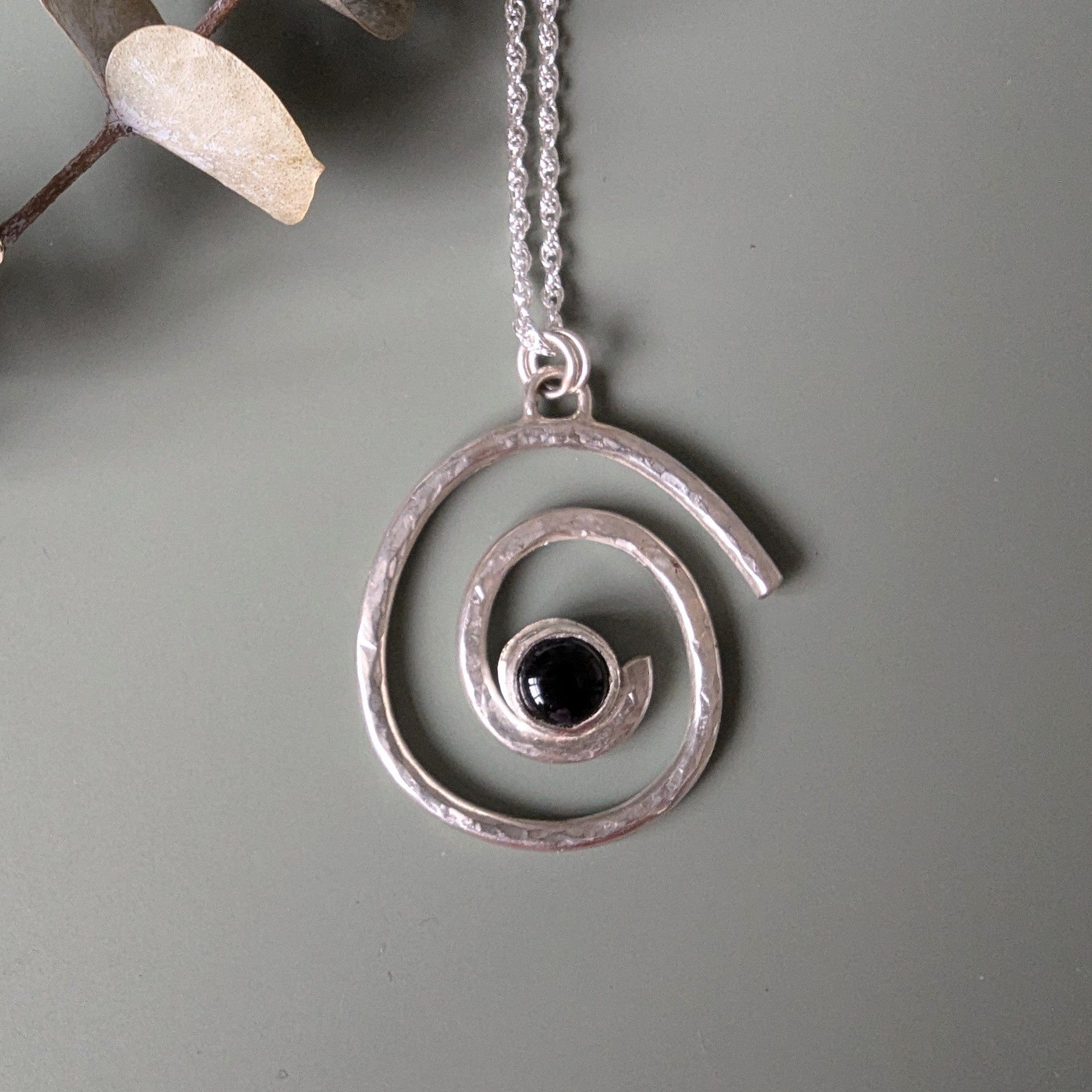 Dezanne Design Eco silver Black Onyx Hammered Silver Spiral Pendant