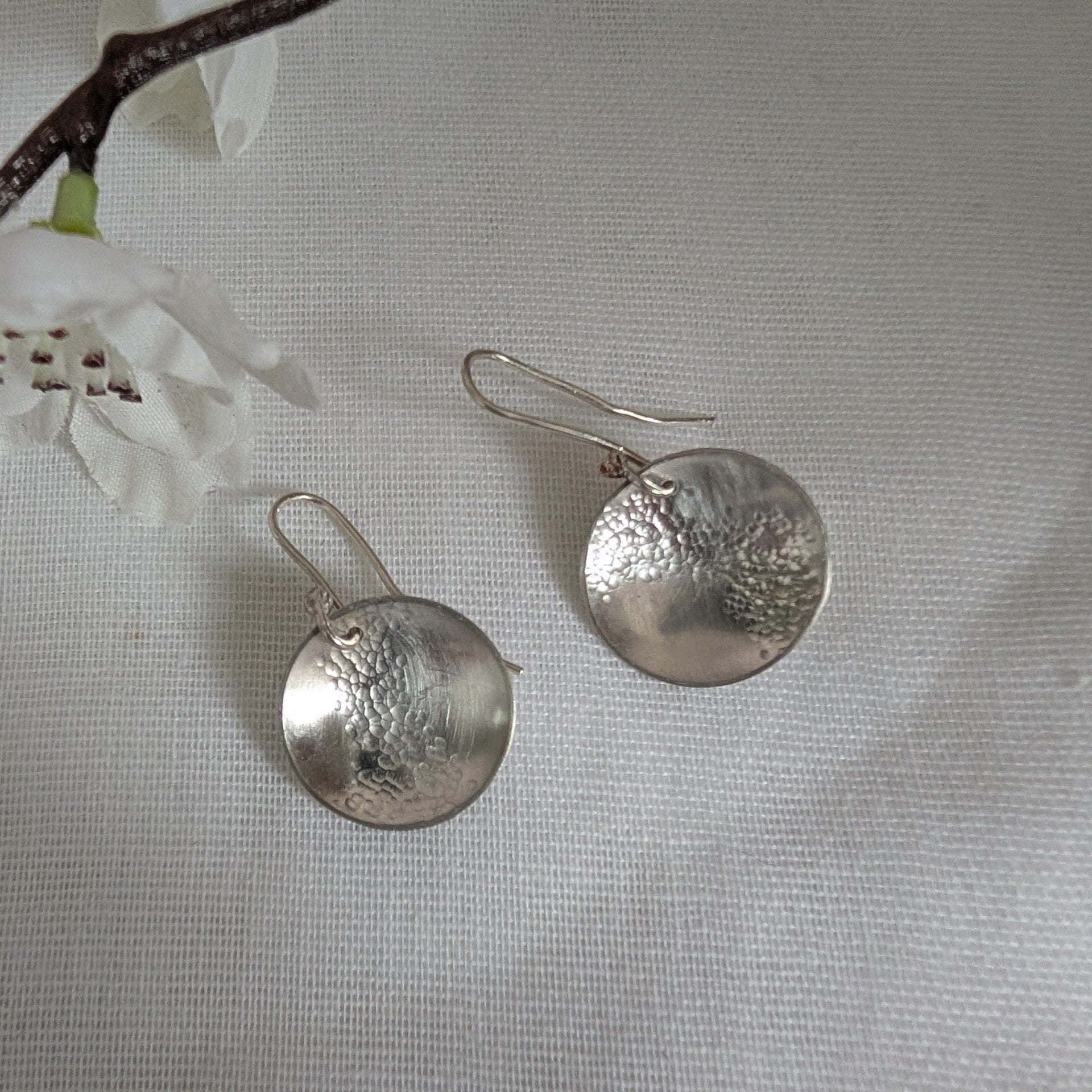Dezanne Design Eco Silver Hammered Dome Earrings | 18 mm Circle | Dangle and Drop Earrings | Recycled Sterling Silver