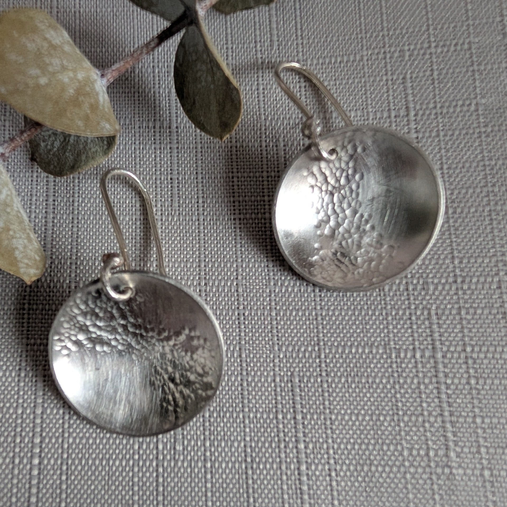 Dezanne Design Eco Silver Hammered Dome Earrings | 18 mm Circle | Dangle and Drop Earrings | Recycled Sterling Silver