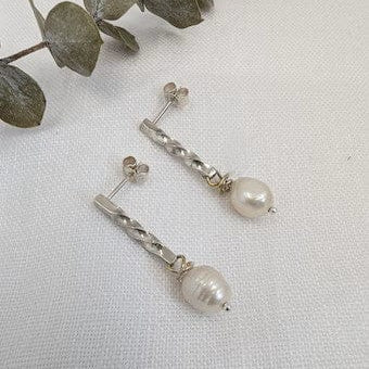 Dezanne Design Ecosilver Twisted Bar Earrings with Pearl Drop
