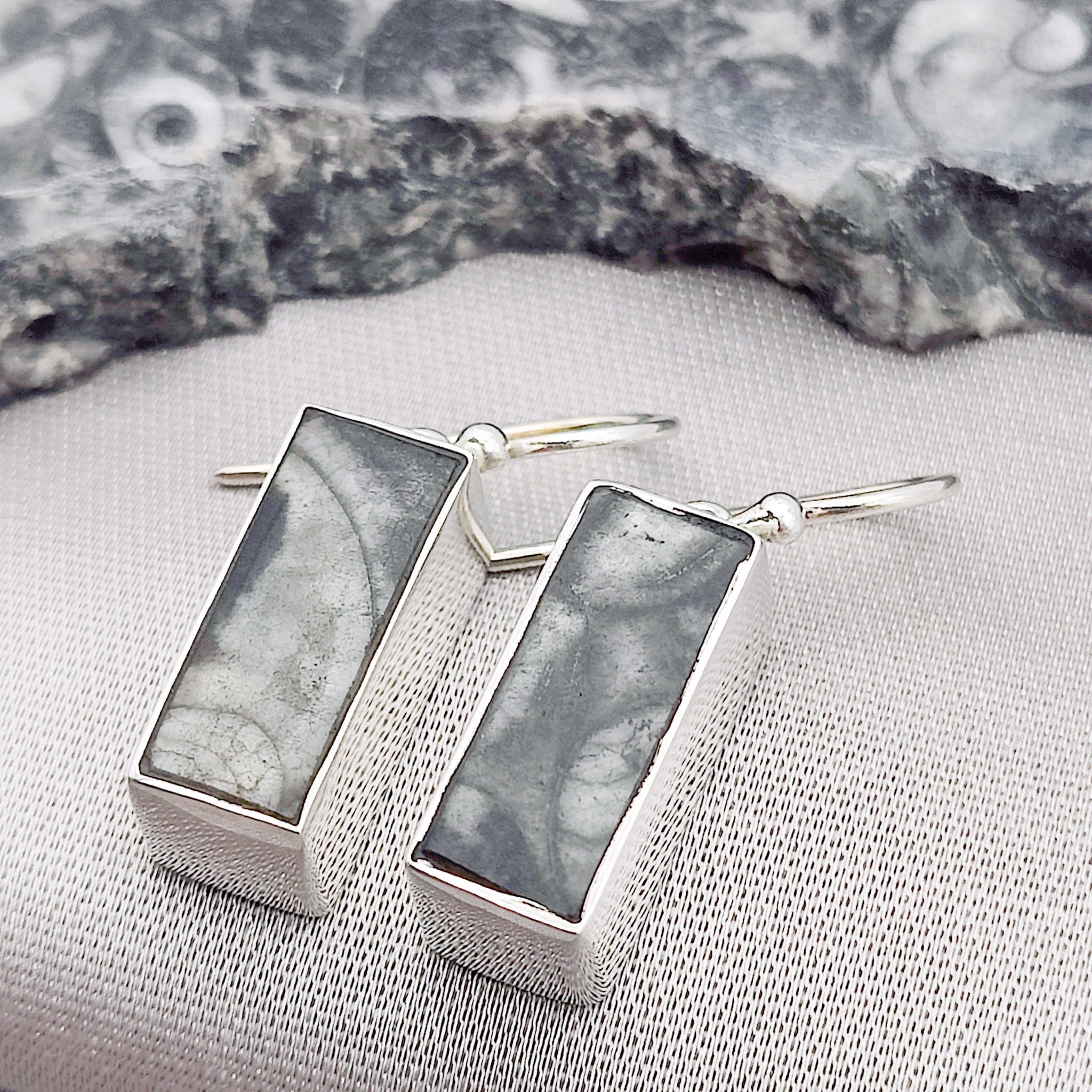 Hepburn and Hughes Fossilised Sea Creatures | Fossil Earrings | 18mm Rectangle | Sterling Silver