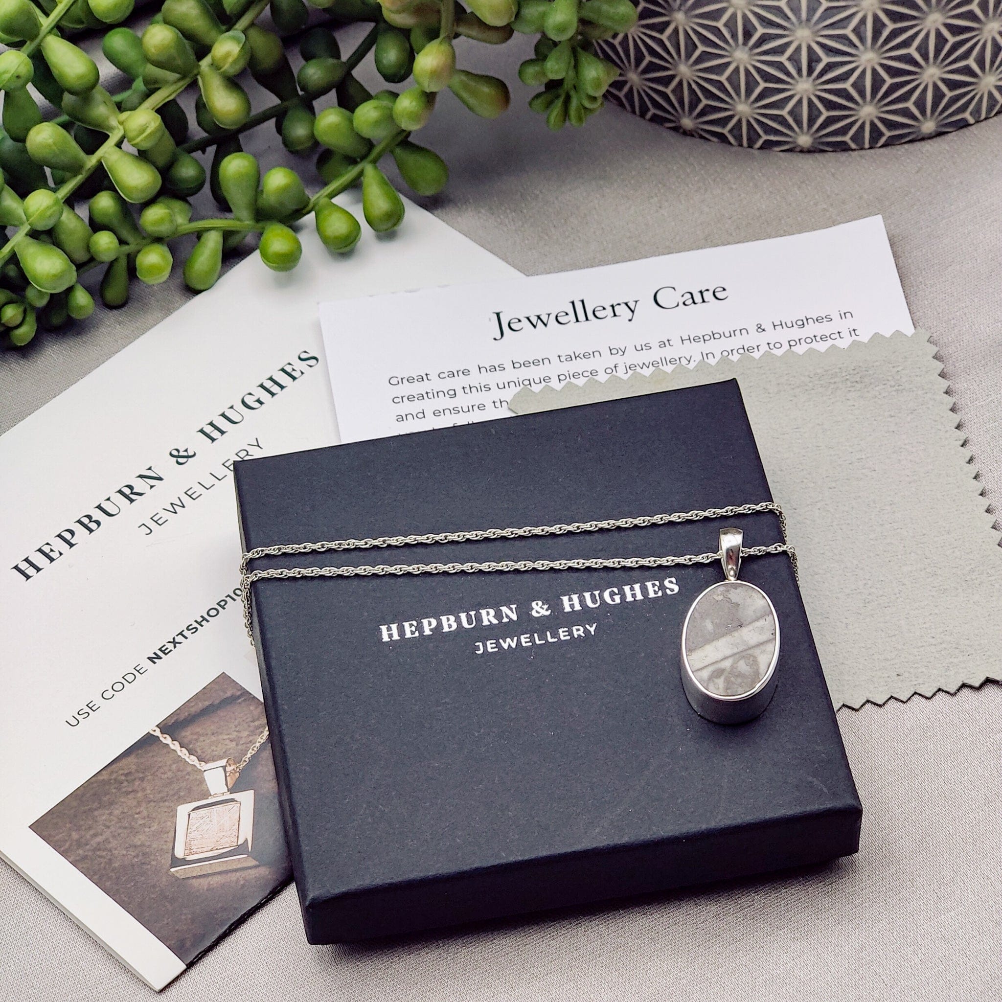 Hepburn and Hughes Fossilised Sea Creatures Pendant | 18mm Small Oval | Sterling Silver