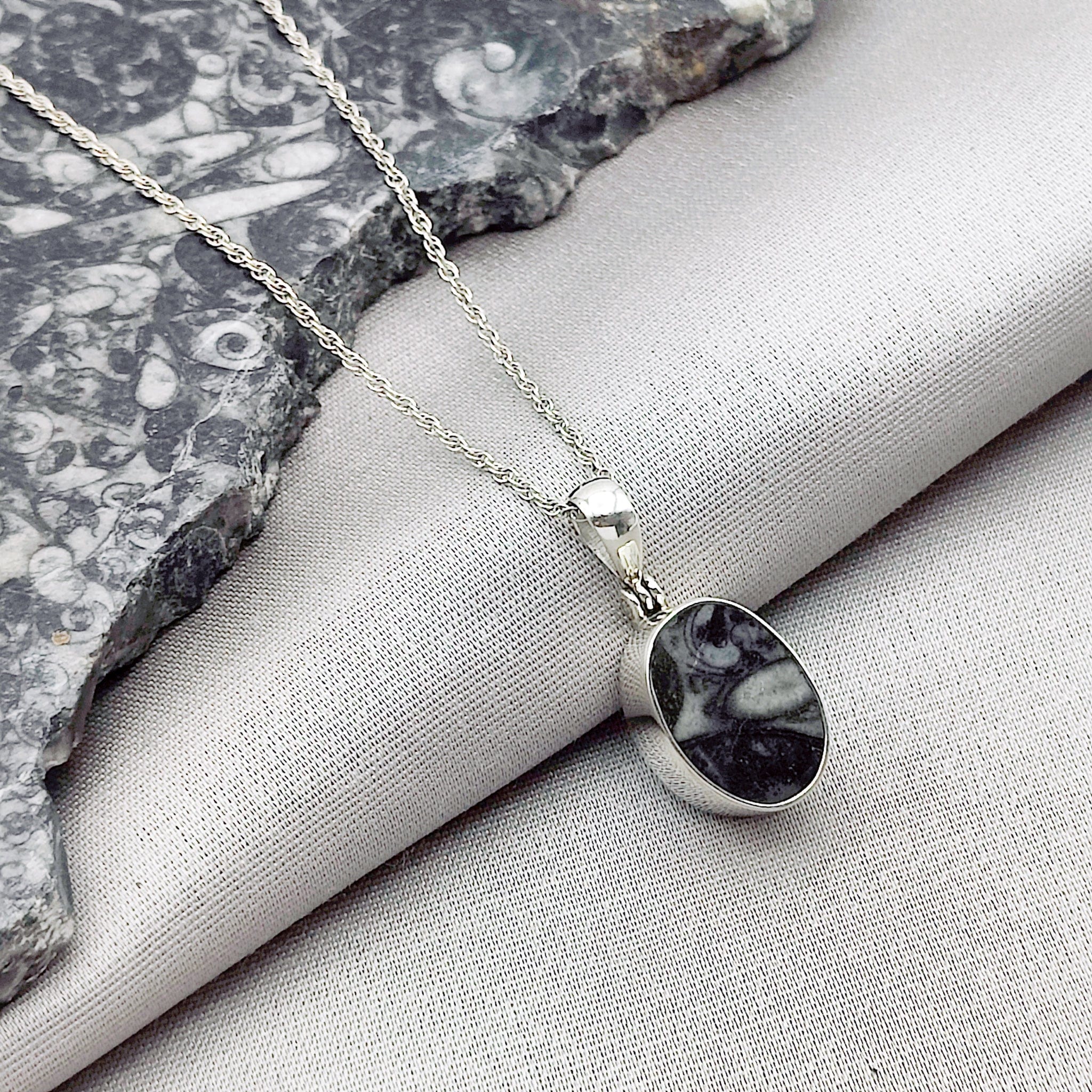 Hepburn and Hughes Fossilised Sea Creatures Pendant | 18mm Small Oval | Sterling Silver