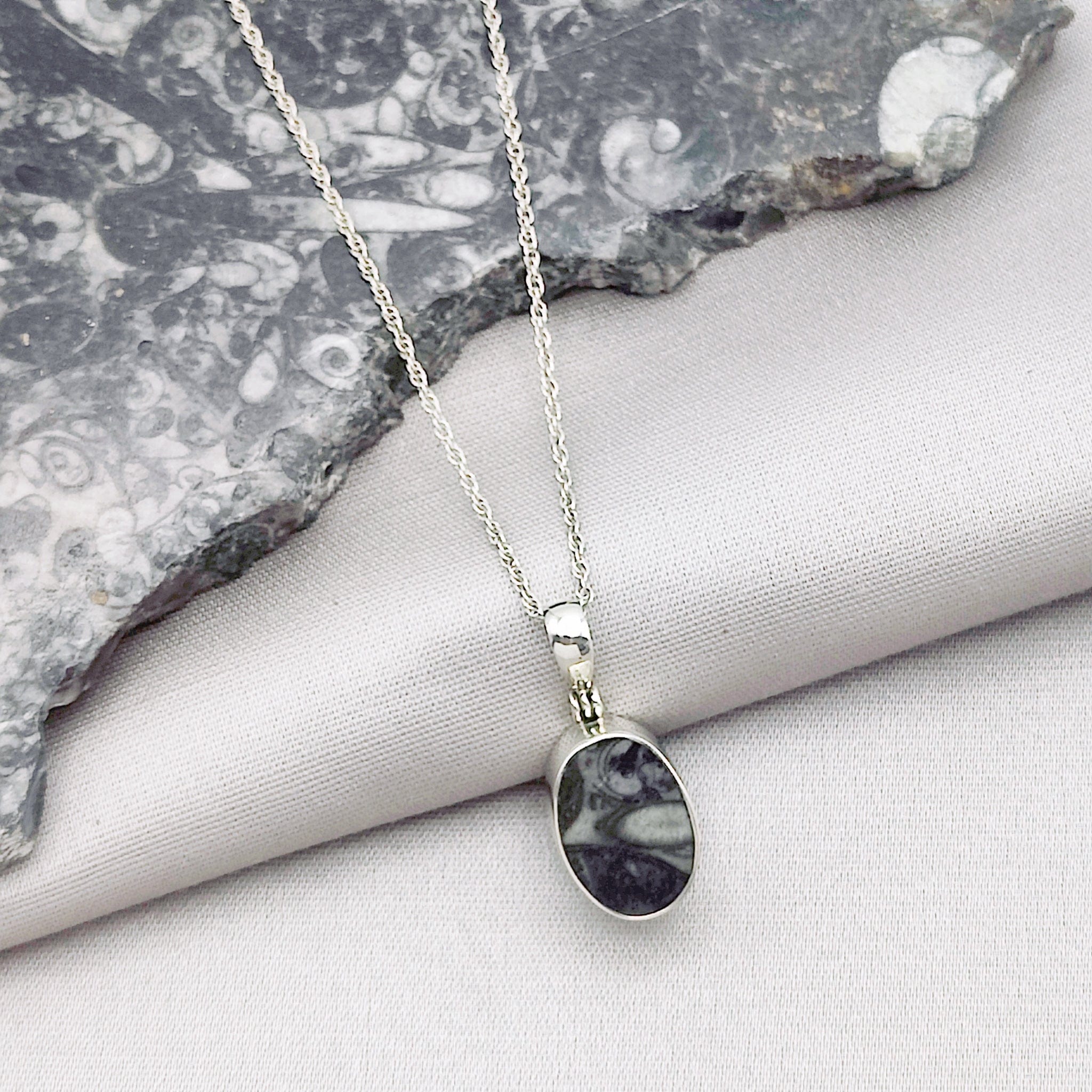 Hepburn and Hughes Fossilised Sea Creatures Pendant | 18mm Small Oval | Sterling Silver