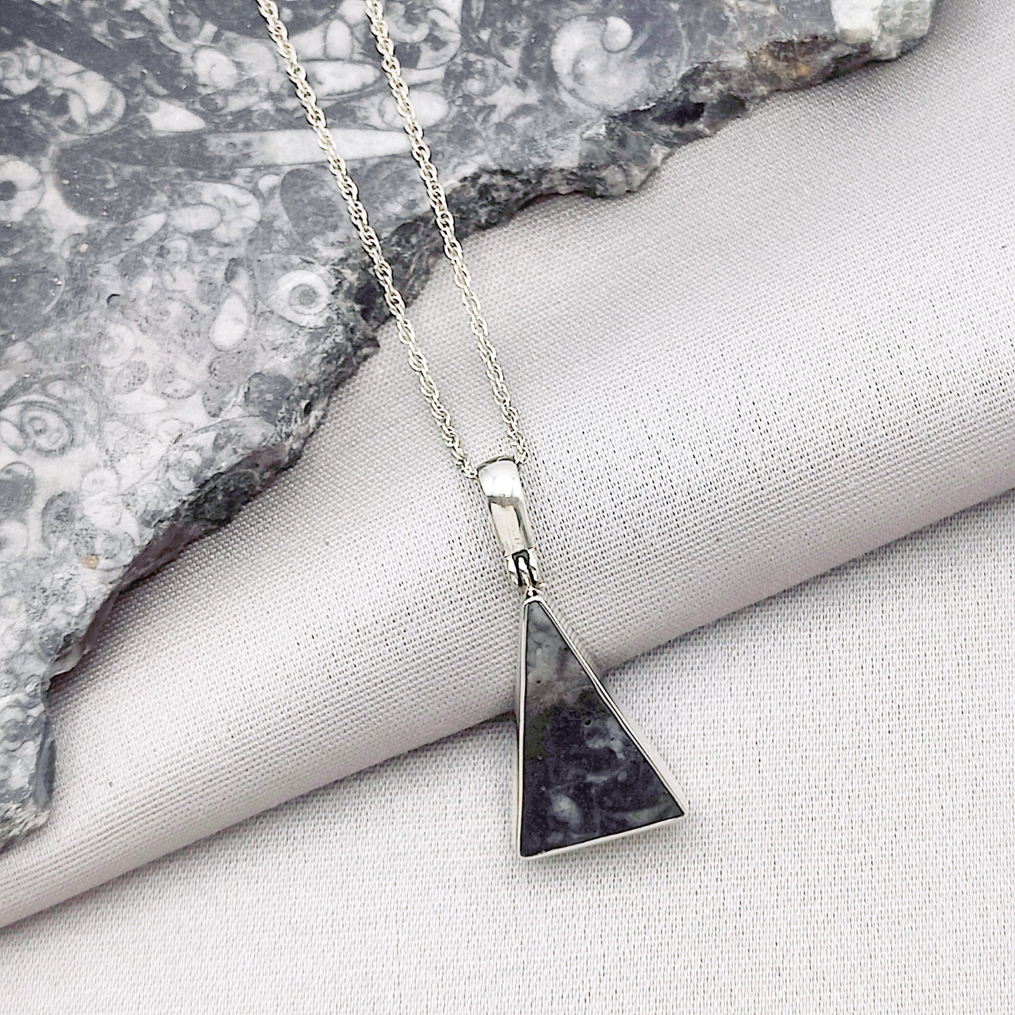 Hepburn and Hughes Fossilised Sea Creatures Pendant | Fossil Necklace | 22mm Triangle | Sterling Silver